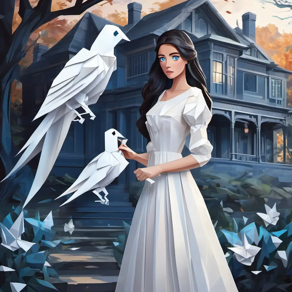 Curious girl with dark hair, blue eyes, and a brave spirit and Transparent ghost with long, flowing white dress and sad eyes's ghost standing outside Blackwood Manor, determined and ready to solve the mystery.