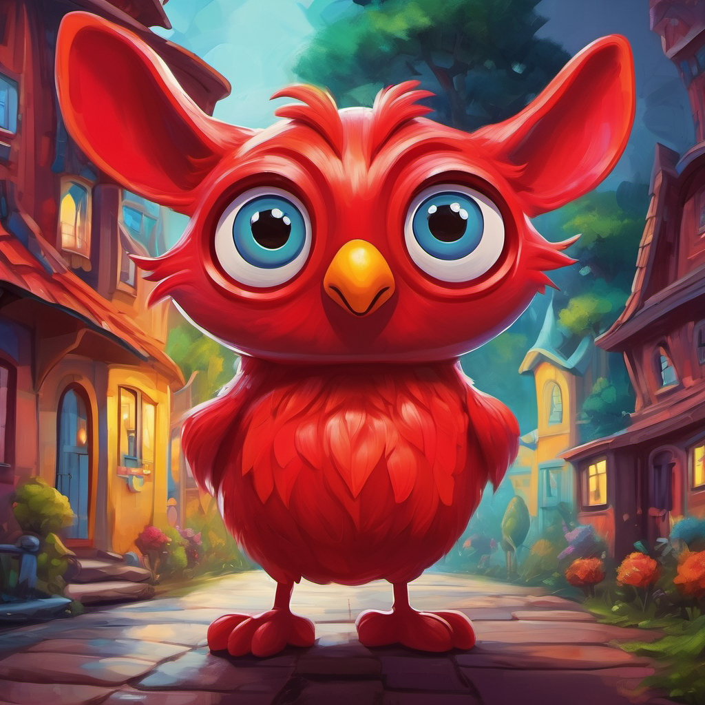Colorful character with big eyes, bright red nose in Toonville with big eyes and red nose