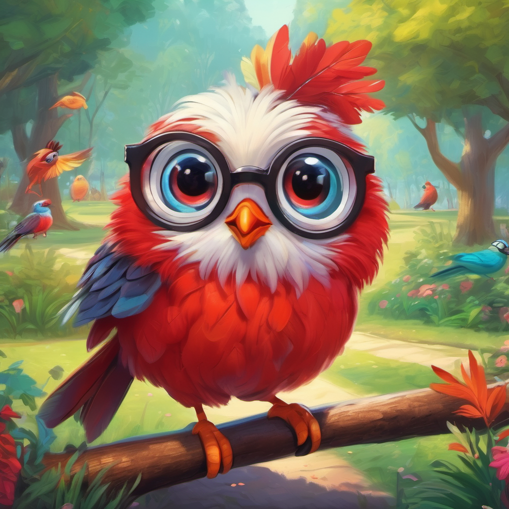 Colorful character with big eyes, bright red nose and friends at the park with wise Wise bird with glasses and fluffy feathers