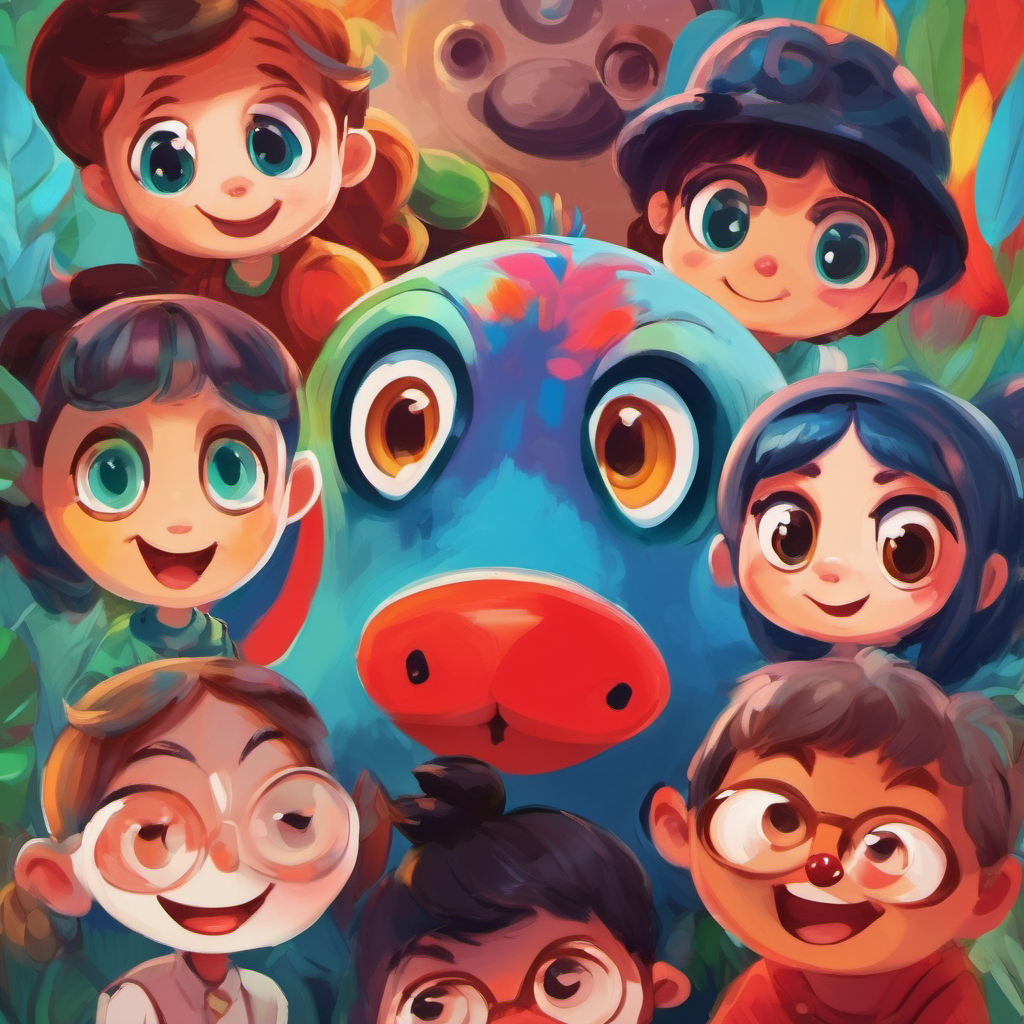 Colorful character with big eyes, bright red nose and friends in a circle, practicing listening