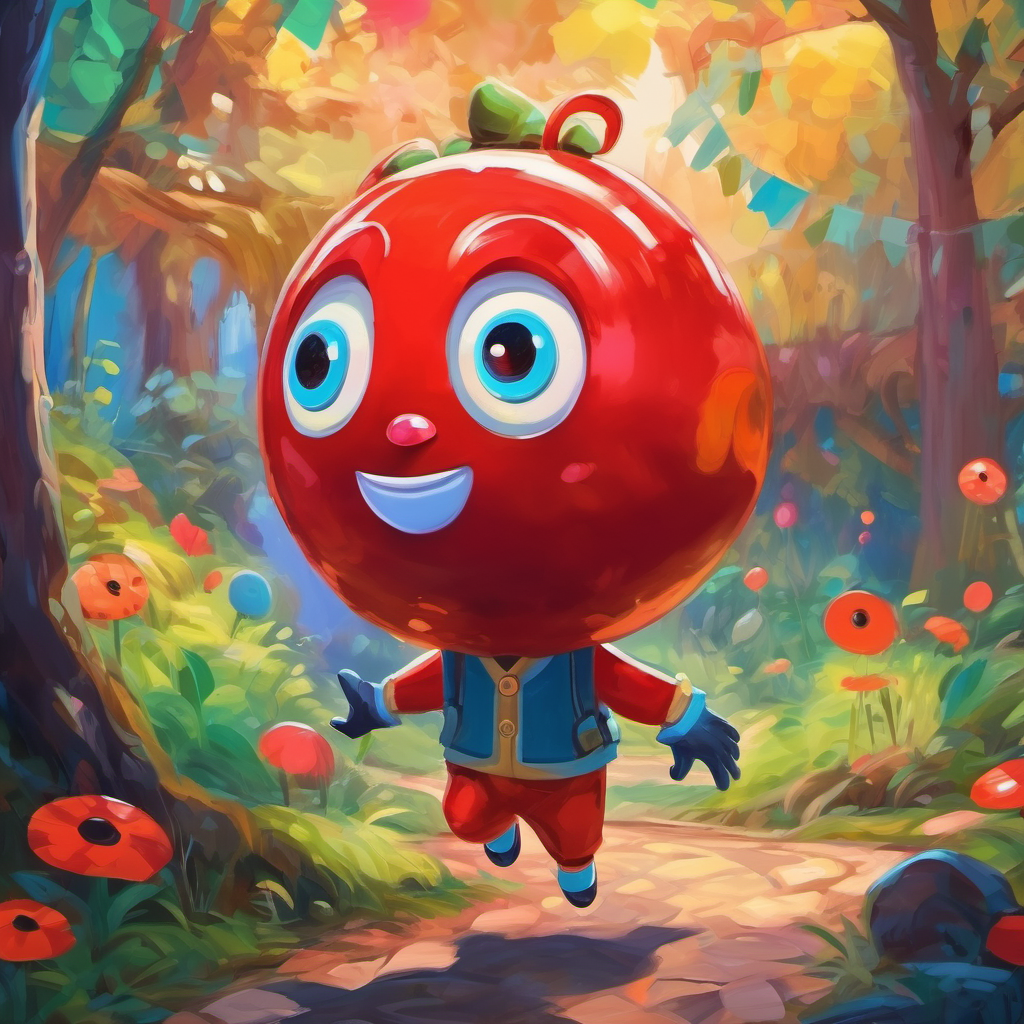 Colorful character with big eyes, bright red nose playing games and adventures with friends