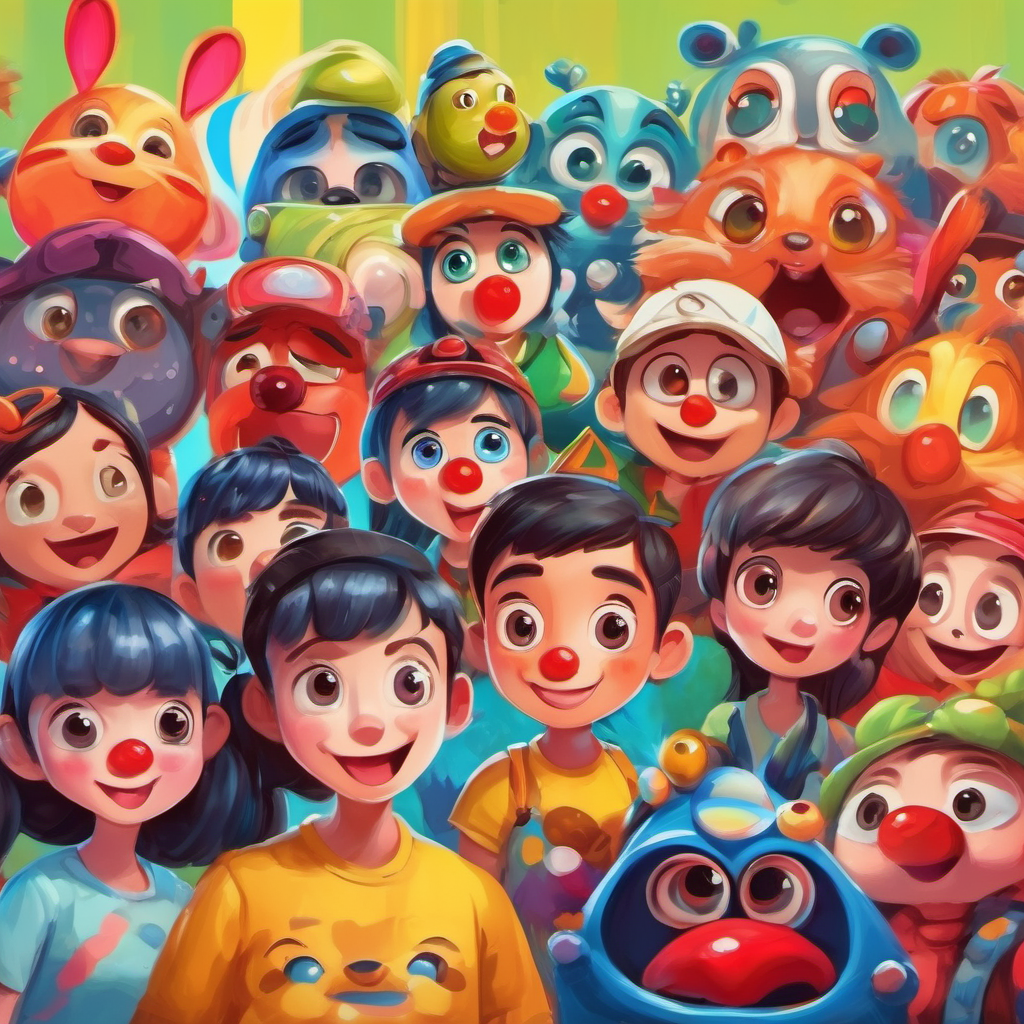 Colorful character with big eyes, bright red nose and friends having fun with improved listening skills