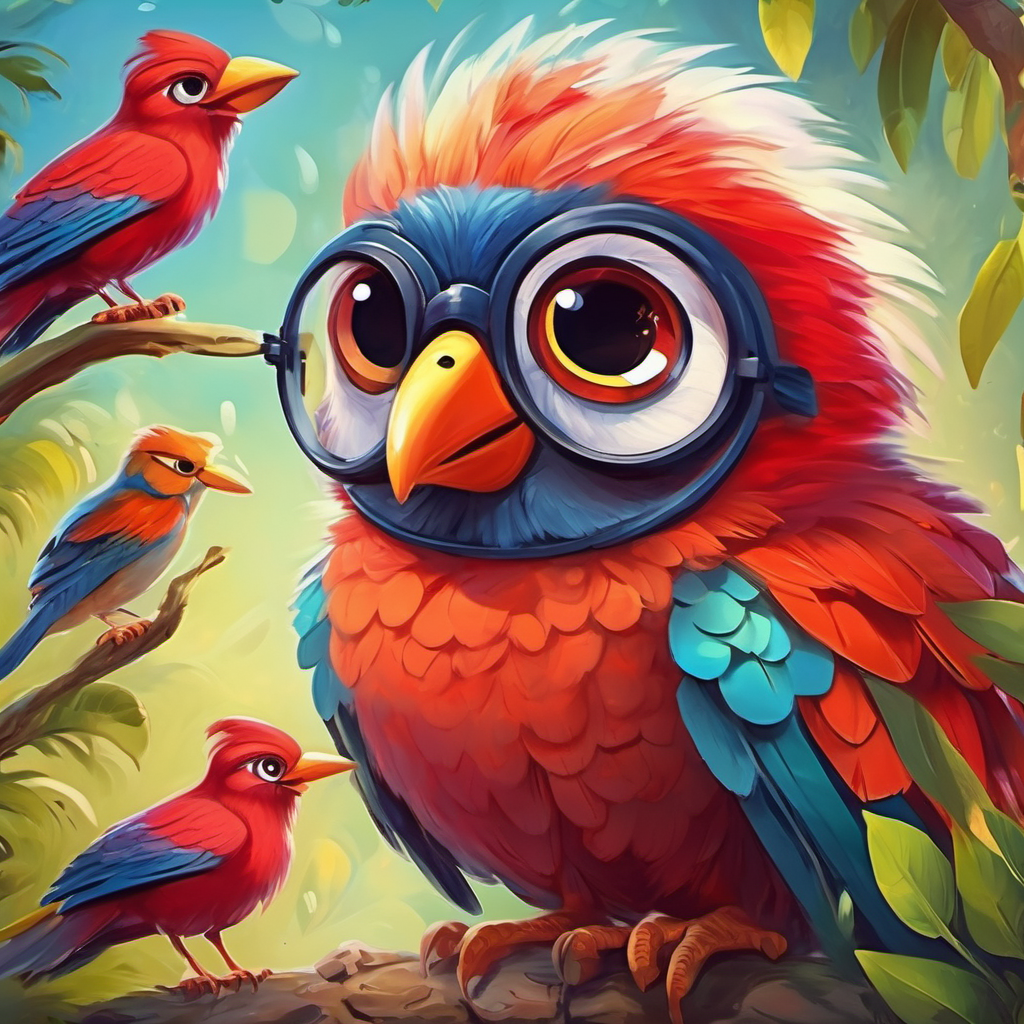 Colorful character with big eyes, bright red nose and friends thanking wise Wise bird with glasses and fluffy feathers for listening lesson