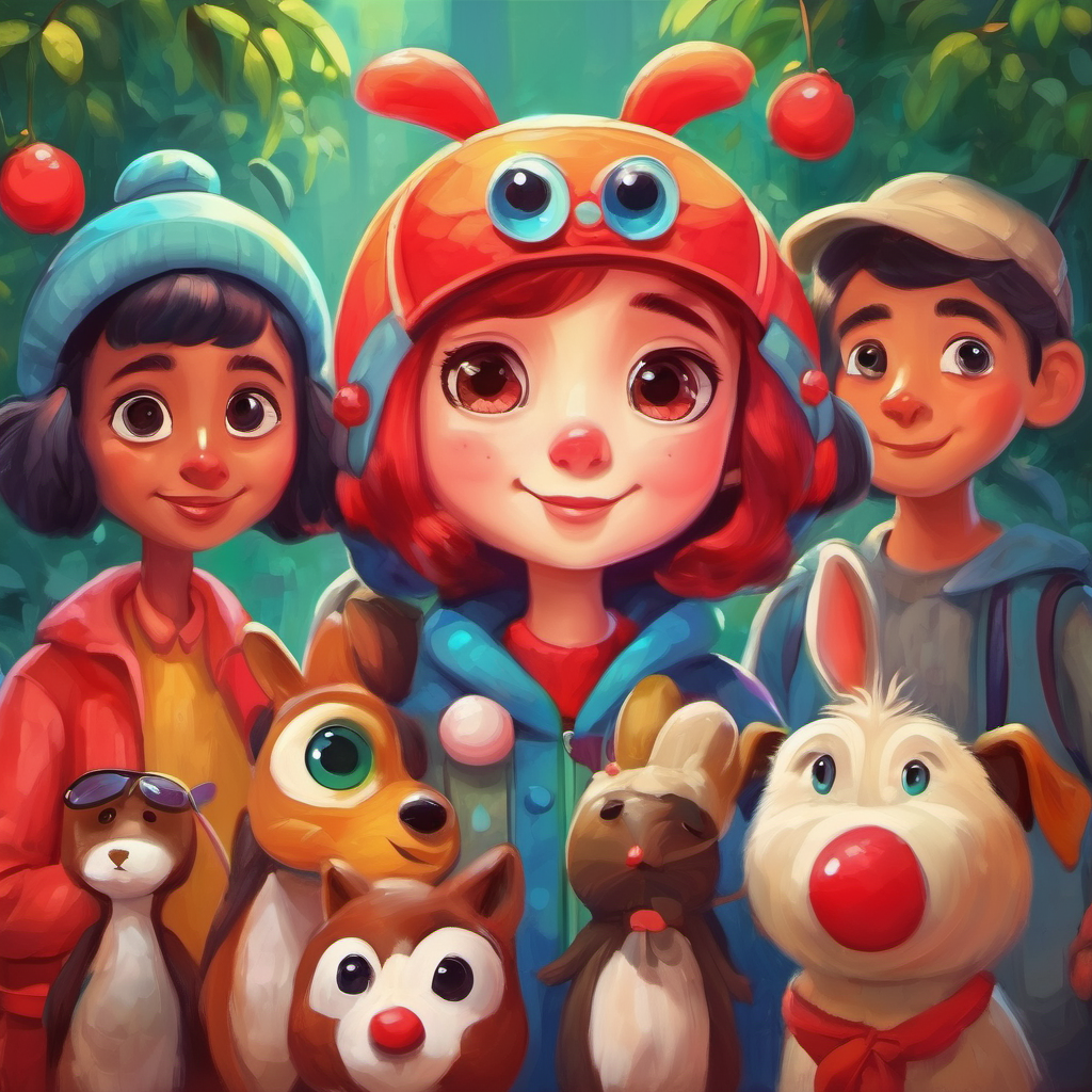 Colorful character with big eyes, bright red nose and friends spreading kindness through good listening