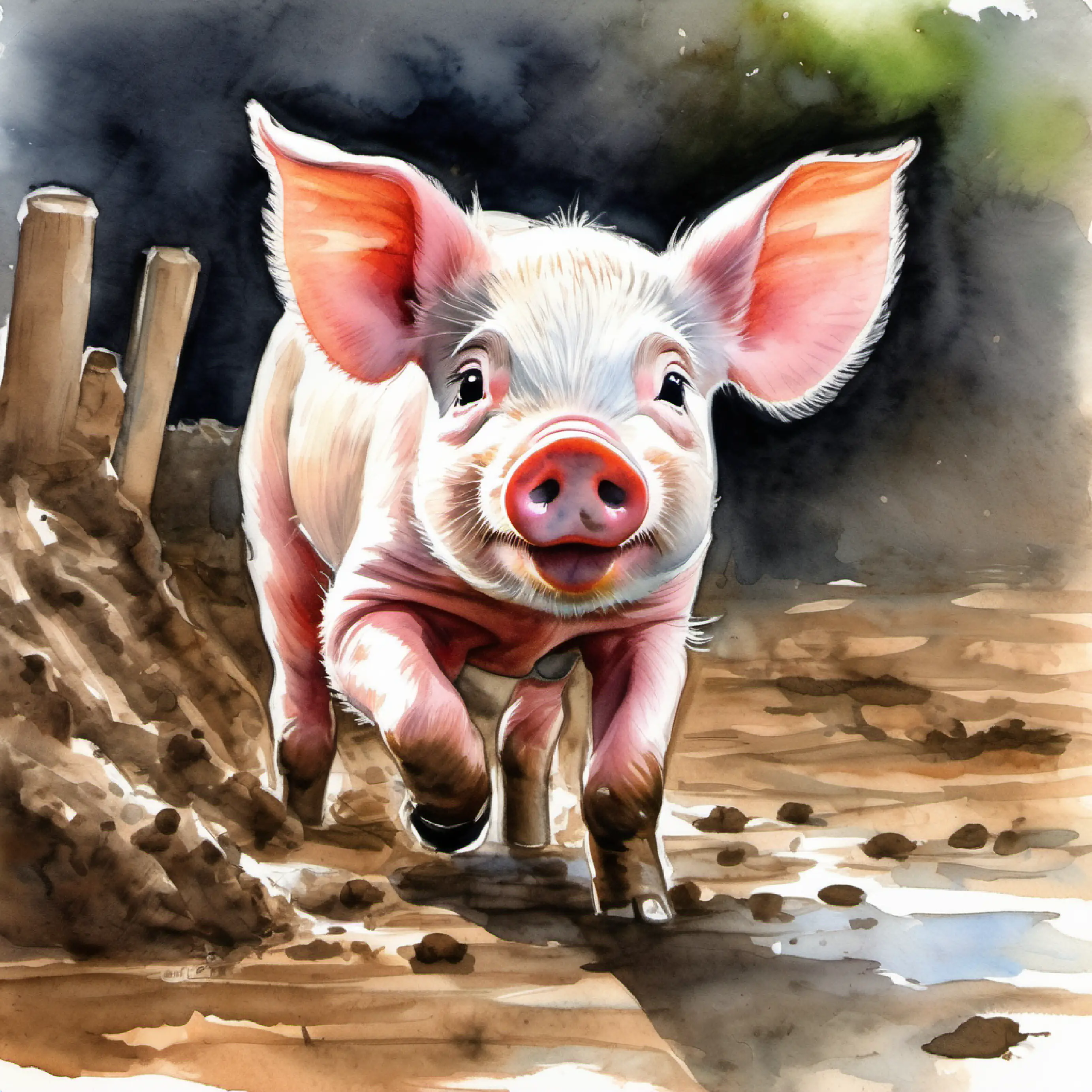 Introduction of Piggy, a piglet on a farm playing in mud.