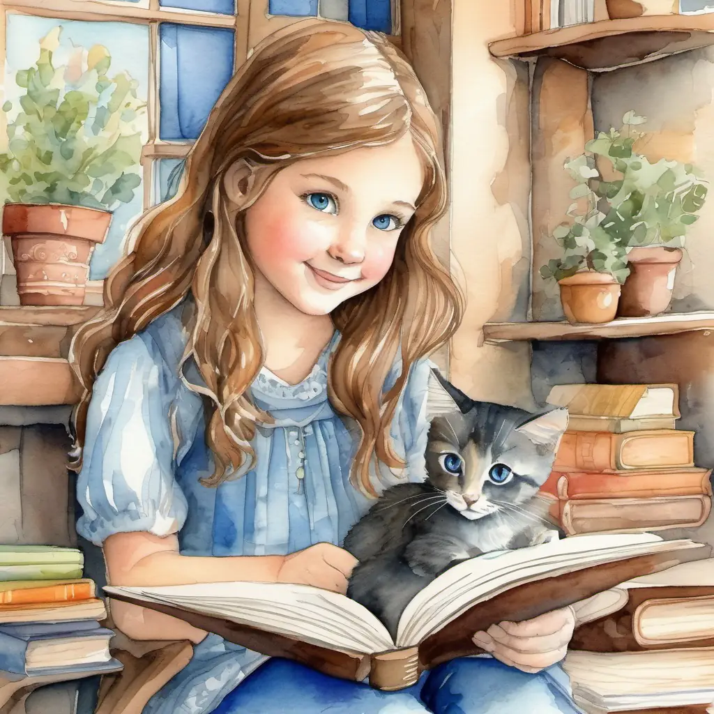 Introduces protagonists Young girl with bright eyes, long brown hair, cheerful demeanor and her cat Wise gray cat, blue eyes, secret book lover in a quaint setting.