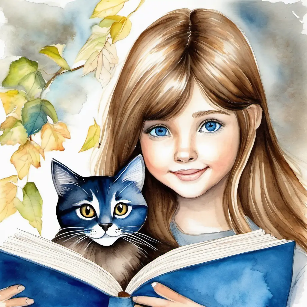 The result of Wise gray cat, blue eyes, secret book lover' efforts, Young girl with bright eyes, long brown hair, cheerful demeanor makes friends.