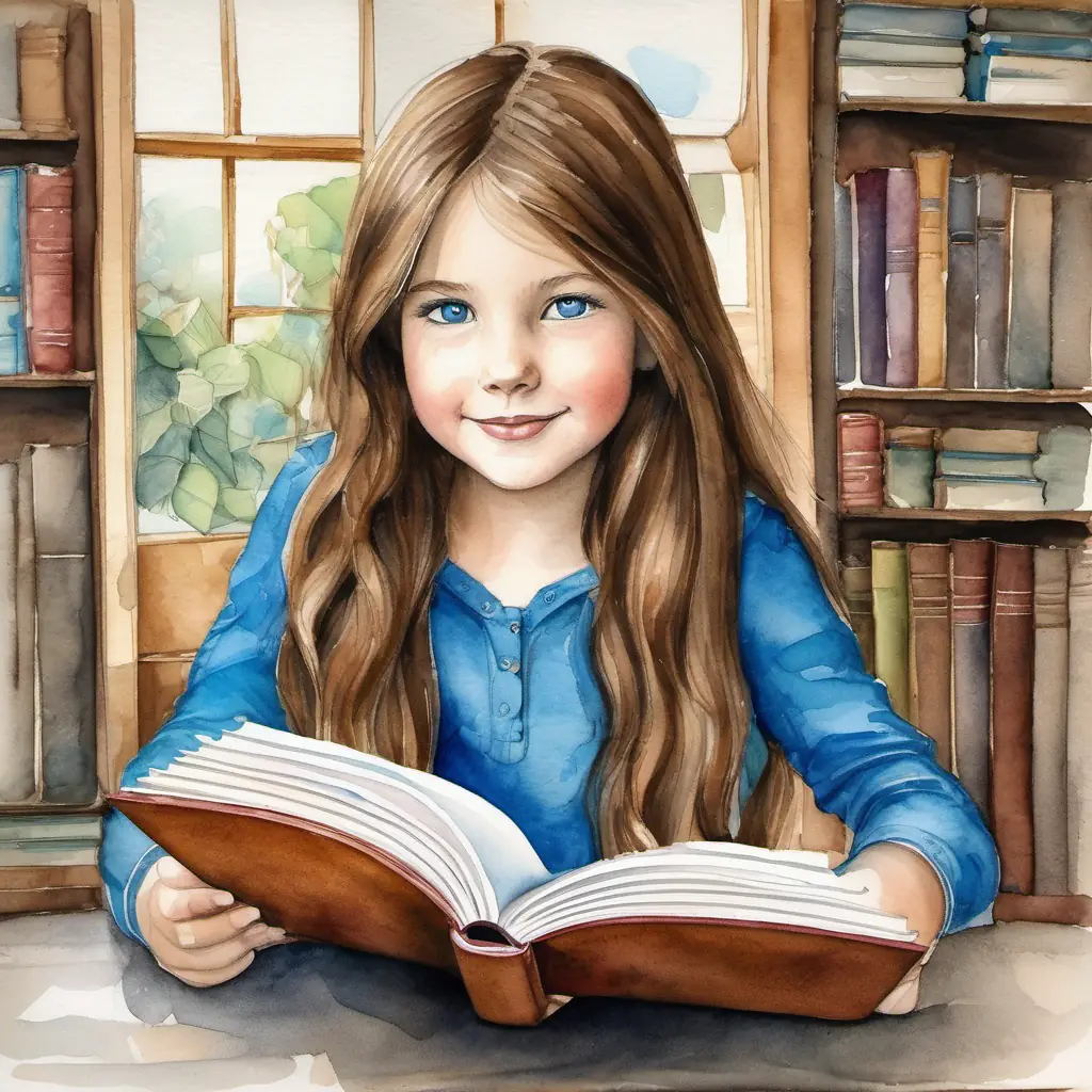 Closure, maintaining the mystery of Wise gray cat, blue eyes, secret book lover' intelligence, Young girl with bright eyes, long brown hair, cheerful demeanor's confidence.