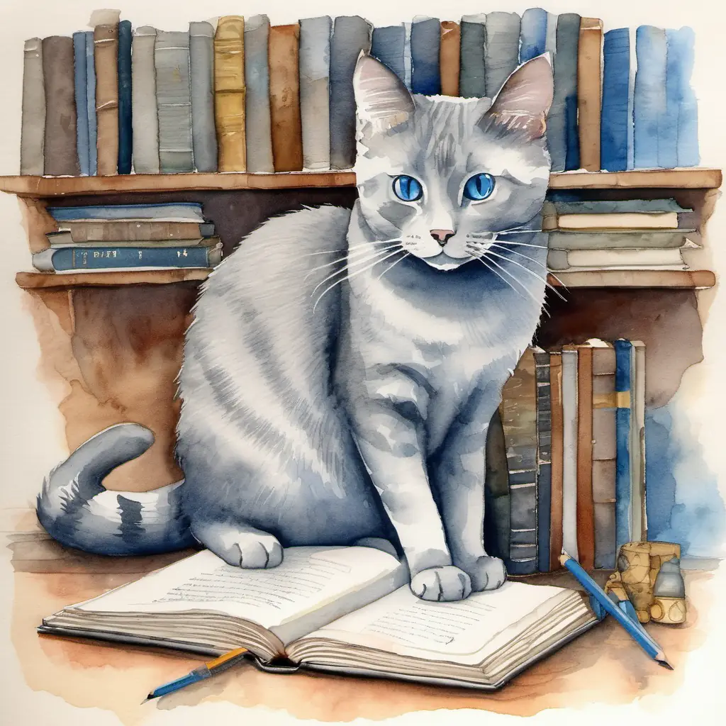 Reveals Wise gray cat, blue eyes, secret book lover' secret intelligence and special behaviors.