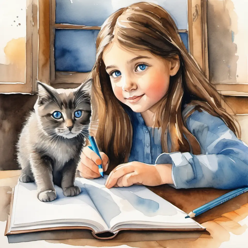 Young girl with bright eyes, long brown hair, cheerful demeanor faces a challenge with her homework, Wise gray cat, blue eyes, secret book lover observes.