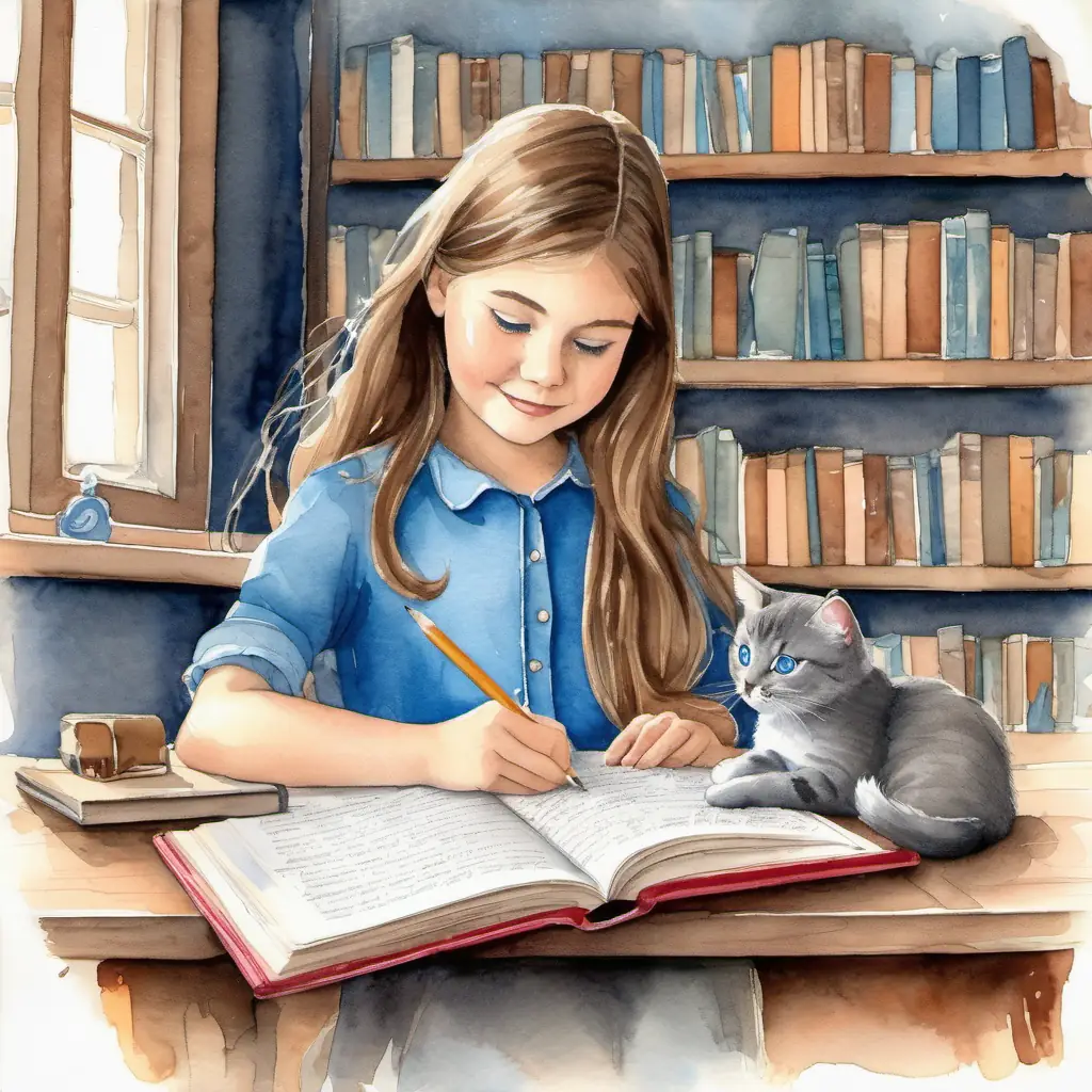 Wise gray cat, blue eyes, secret book lover discreetly assists Young girl with bright eyes, long brown hair, cheerful demeanor with her homework problem.