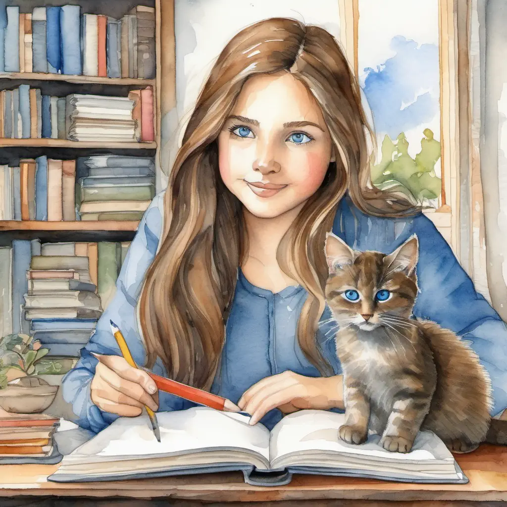 Young girl with bright eyes, long brown hair, cheerful demeanor is perplexed by a new project; Wise gray cat, blue eyes, secret book lover continues to help.