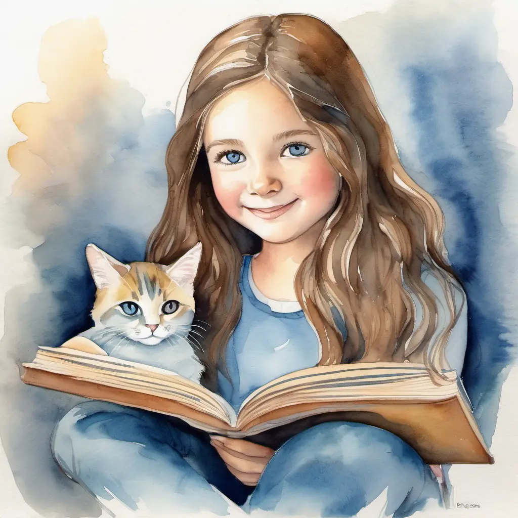 Young girl with bright eyes, long brown hair, cheerful demeanor uses Wise gray cat, blue eyes, secret book lover' guidance to succeed in another task.