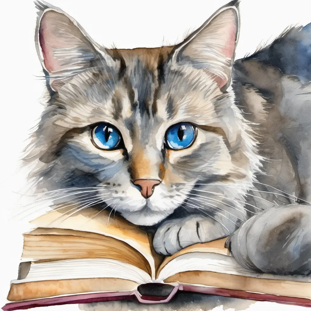 Wise gray cat, blue eyes, secret book lover supports Young girl with bright eyes, long brown hair, cheerful demeanor emotionally as she faces social challenges.