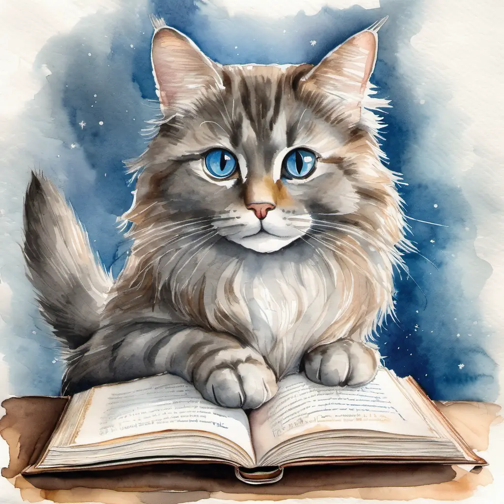 Wise gray cat, blue eyes, secret book lover orchestrates friendship opportunities for Young girl with bright eyes, long brown hair, cheerful demeanor.