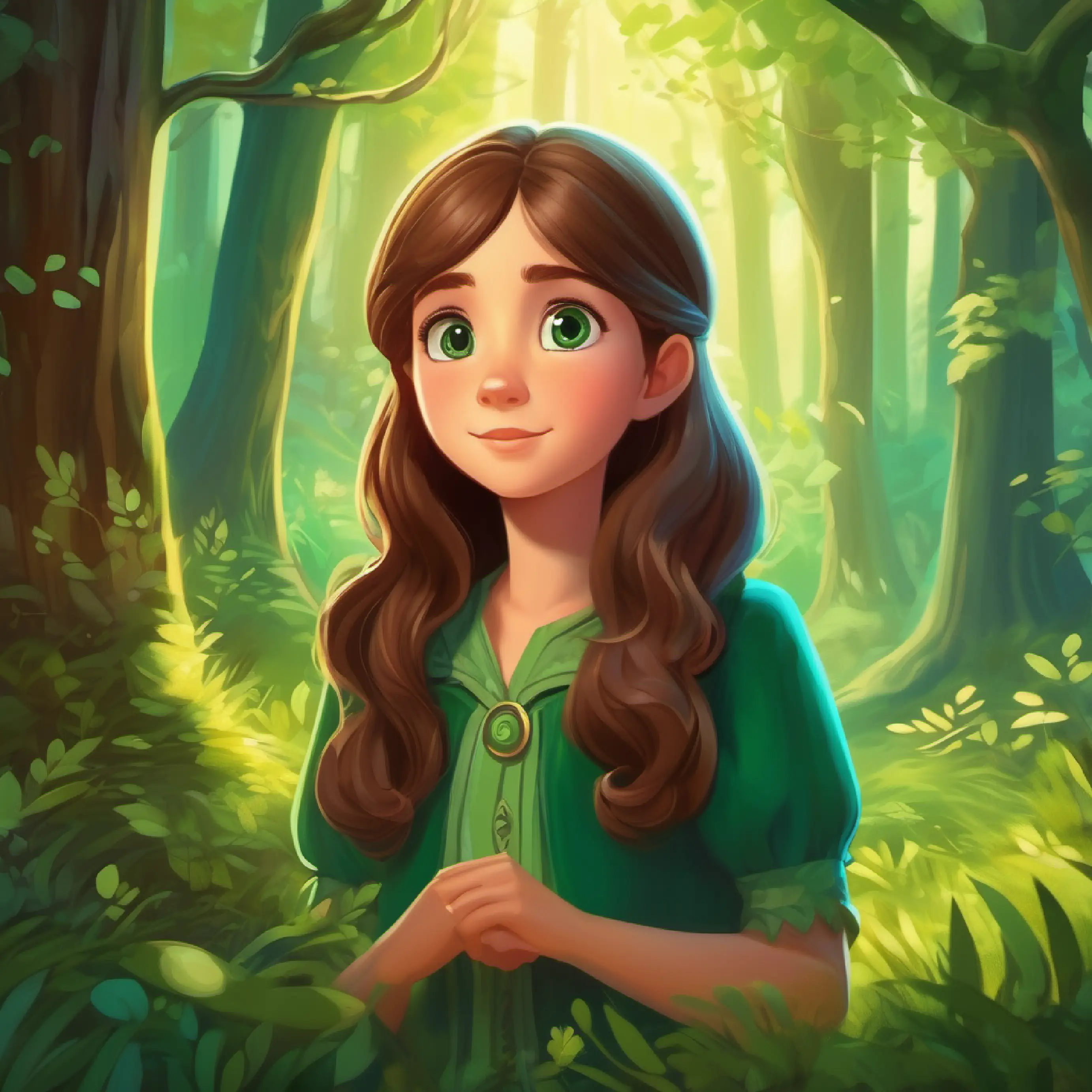 Introduction to Curious girl, long brown hair, big green eyes and the magical Whispering Woods