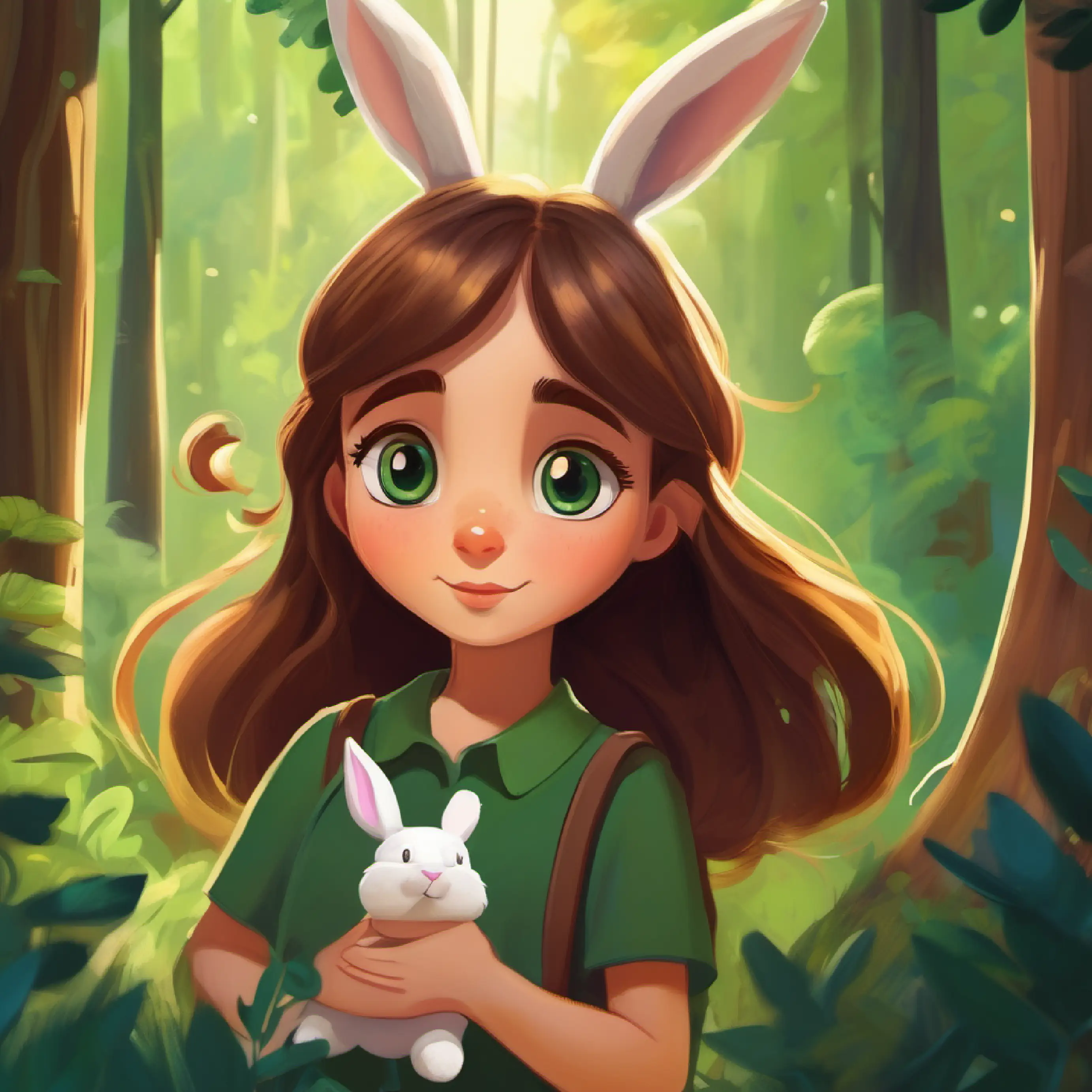 Curious girl, long brown hair, big green eyes meets Small fuzzy bunny, floppy ears, quick movements the bunny in the forest