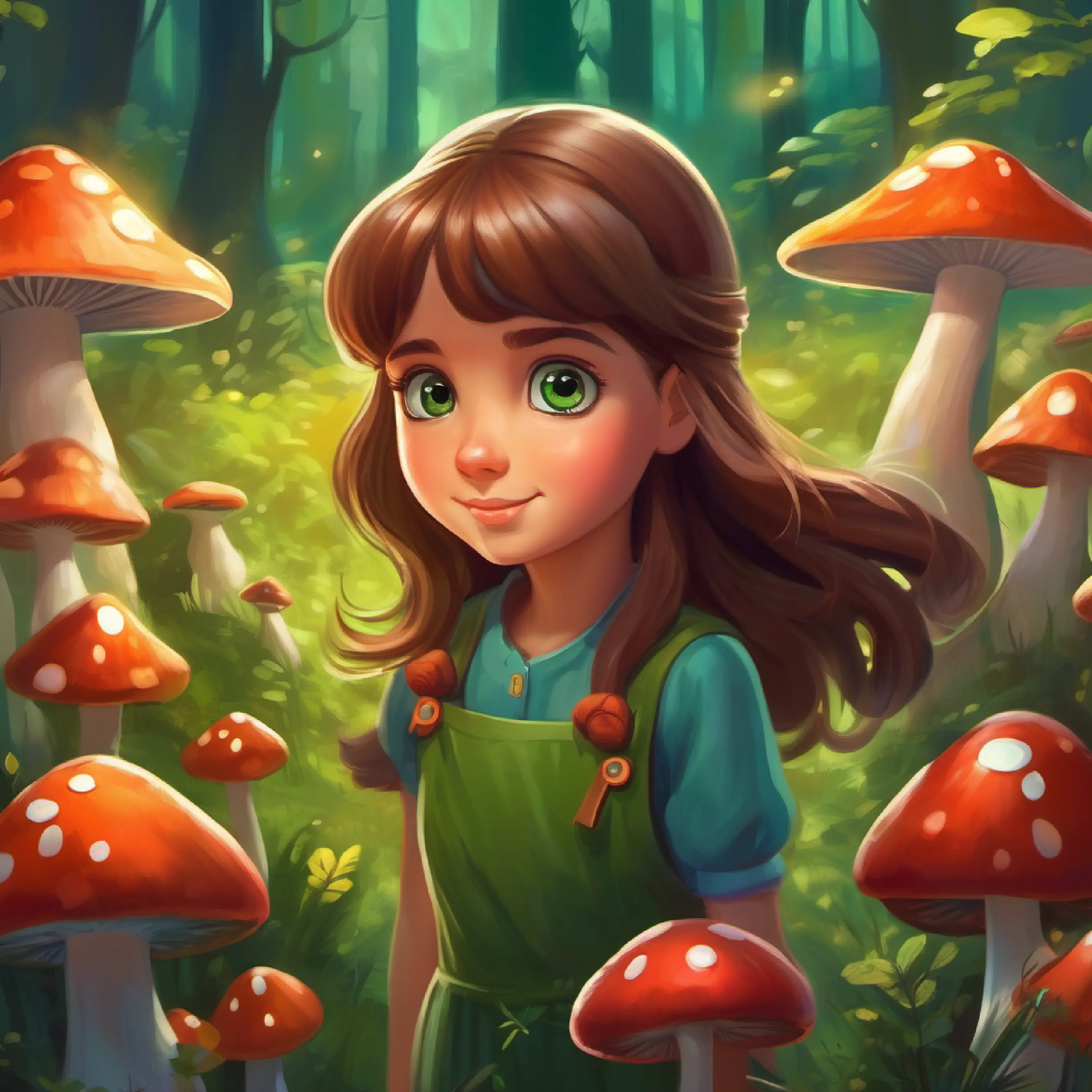 Curious girl, long brown hair, big green eyes encounters dancing mushrooms