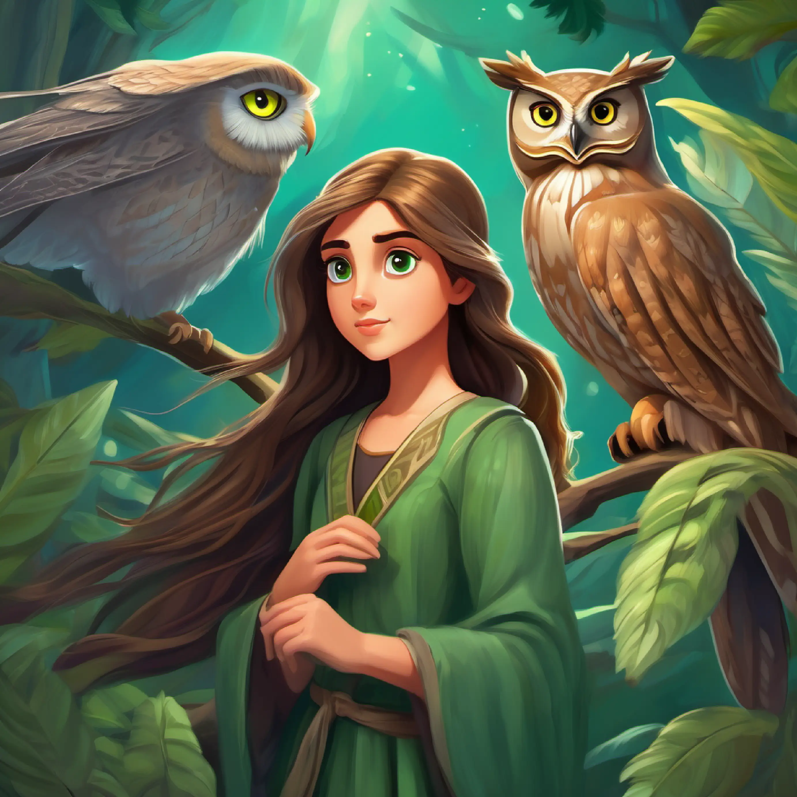 Curious girl, long brown hair, big green eyes takes a flight with Wise old owl, grey feathers, soft hoots the owl