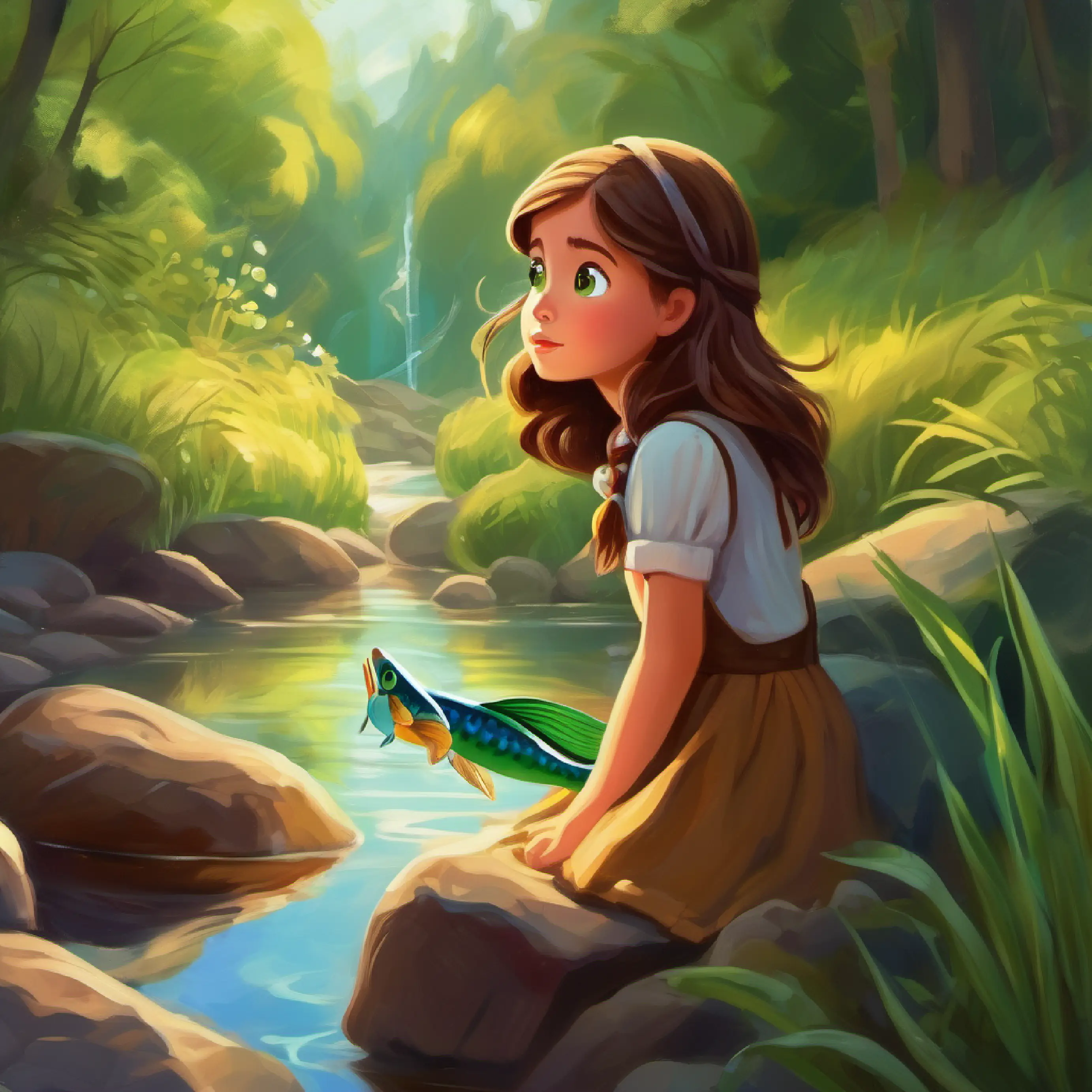 Curious girl, long brown hair, big green eyes discovers singing fish at the stream