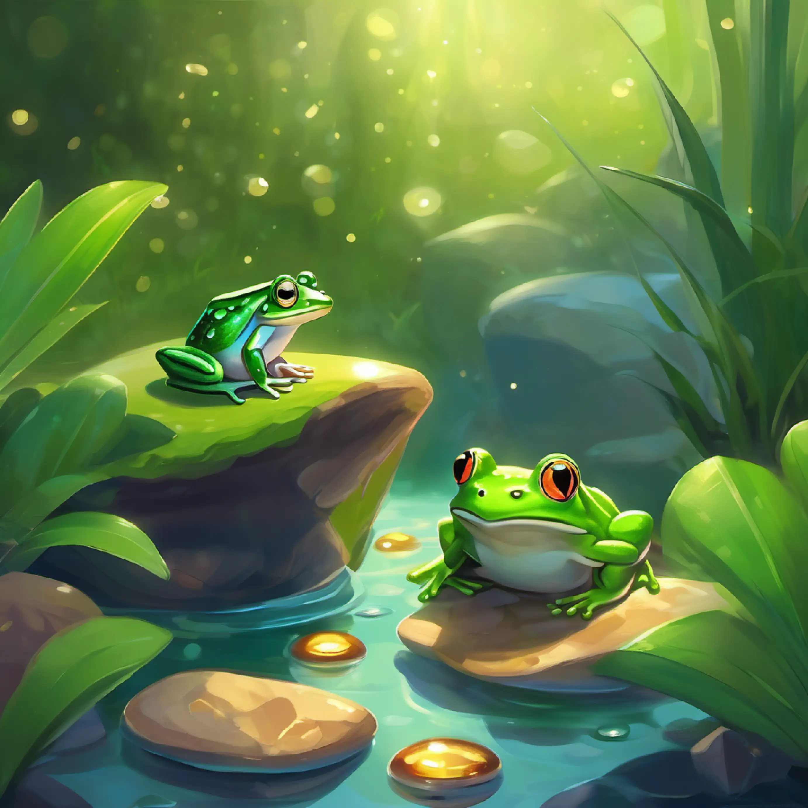 Friendly frog, green, loves shiny stones the frog shares his shiny stones