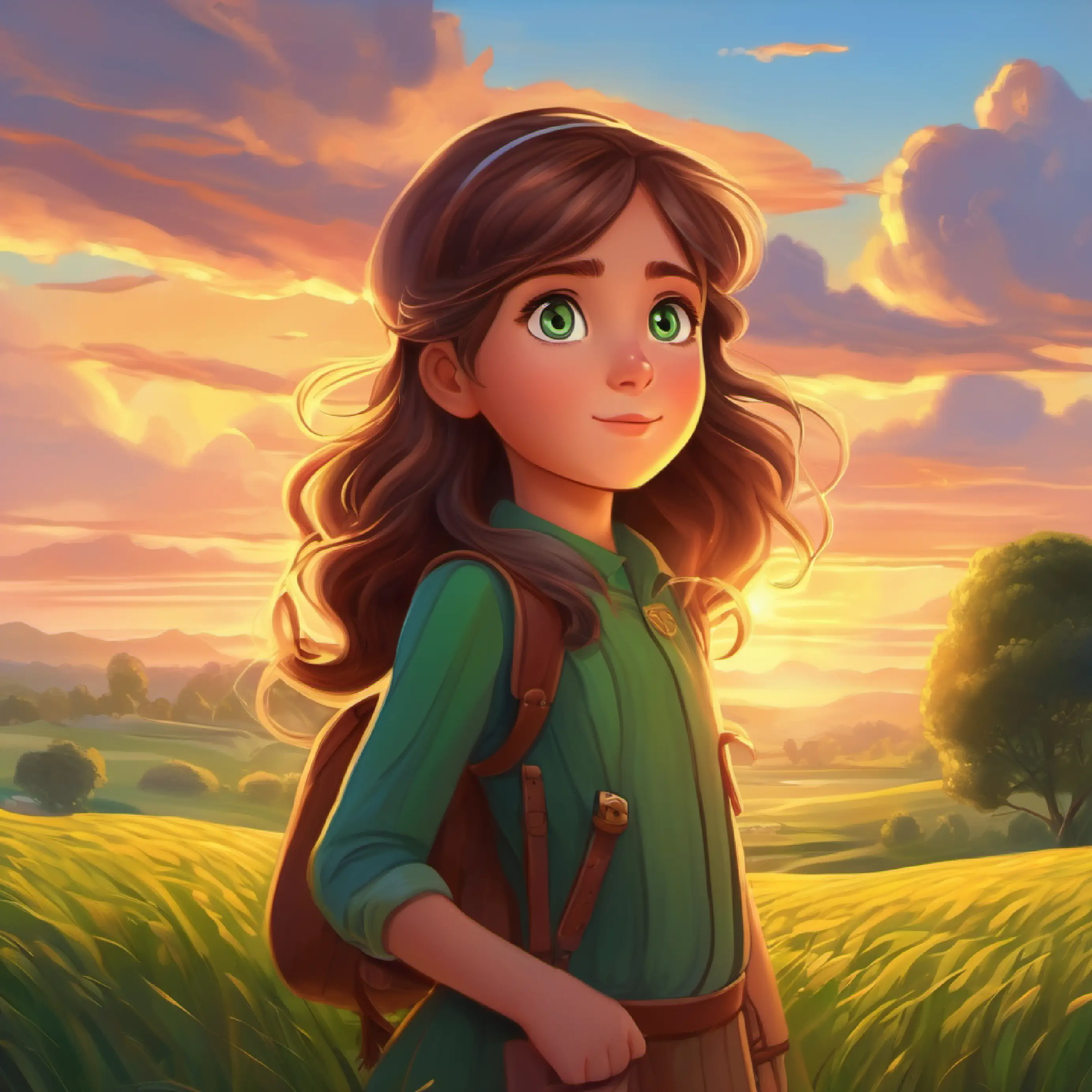 Curious girl, long brown hair, big green eyes's adventure ends as the sun rises