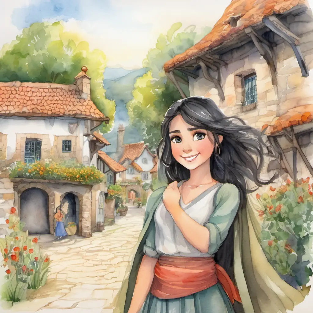 Introduction to the setting and main character, the beautiful village of Brave girl with dark hair, bright eyes, and a contagious smile