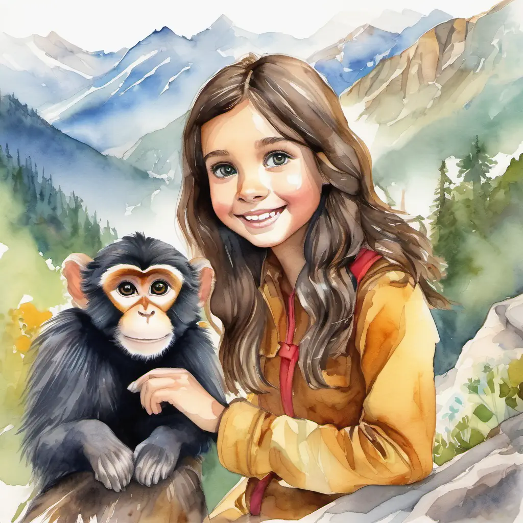 Brave girl with dark hair, bright eyes, and a contagious smile meets a Curious monkey with brown fur and bright, playful eyes companion in the mountains