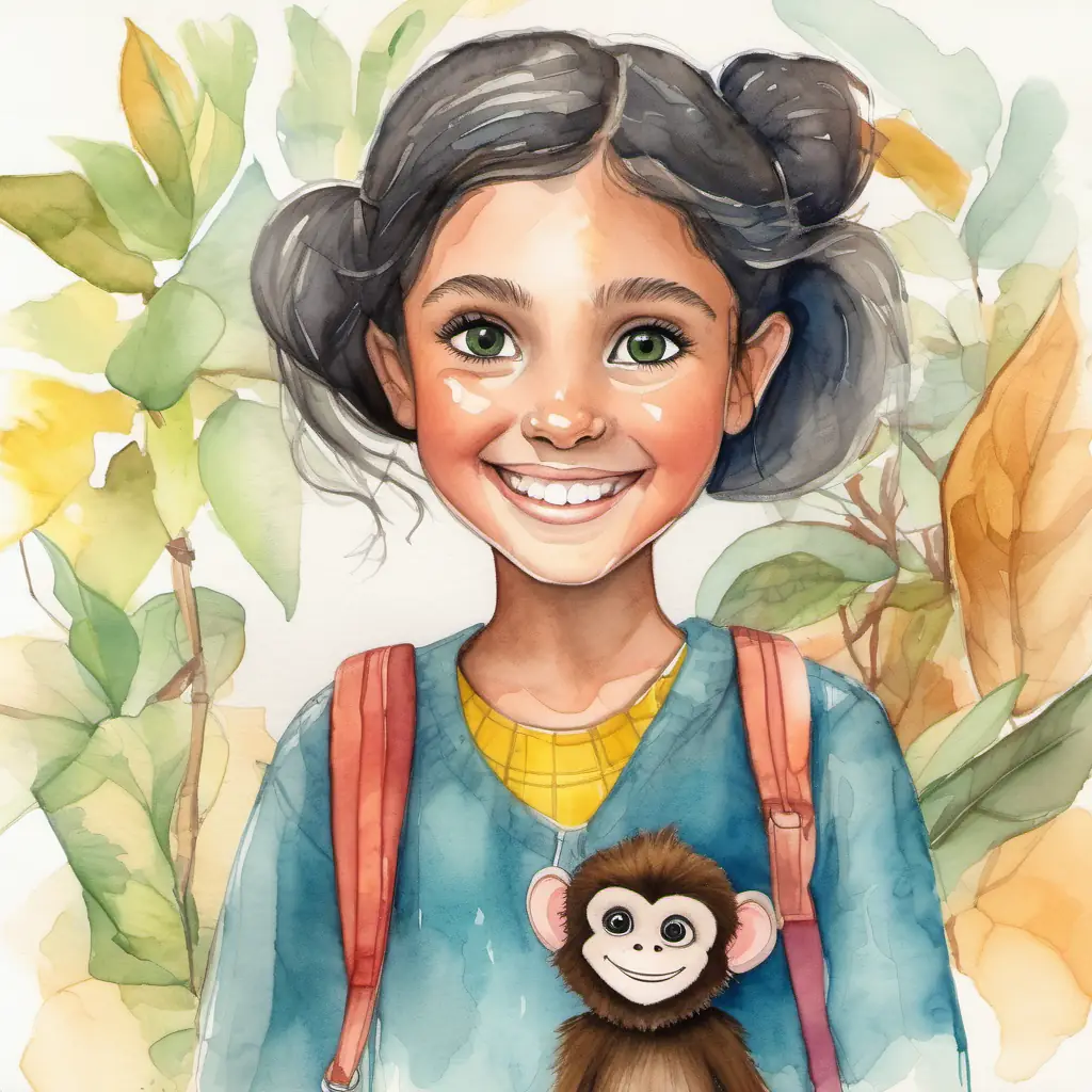 Brave girl with dark hair, bright eyes, and a contagious smile and the monkey face challenges and work together to overcome them