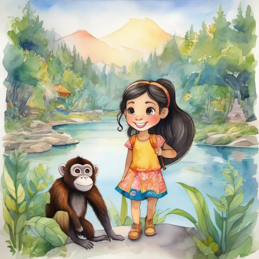 Brave girl with dark hair, bright eyes, and a contagious smile and the monkey reach the secret lake, and Brave girl with dark hair, bright eyes, and a contagious smile makes her wish