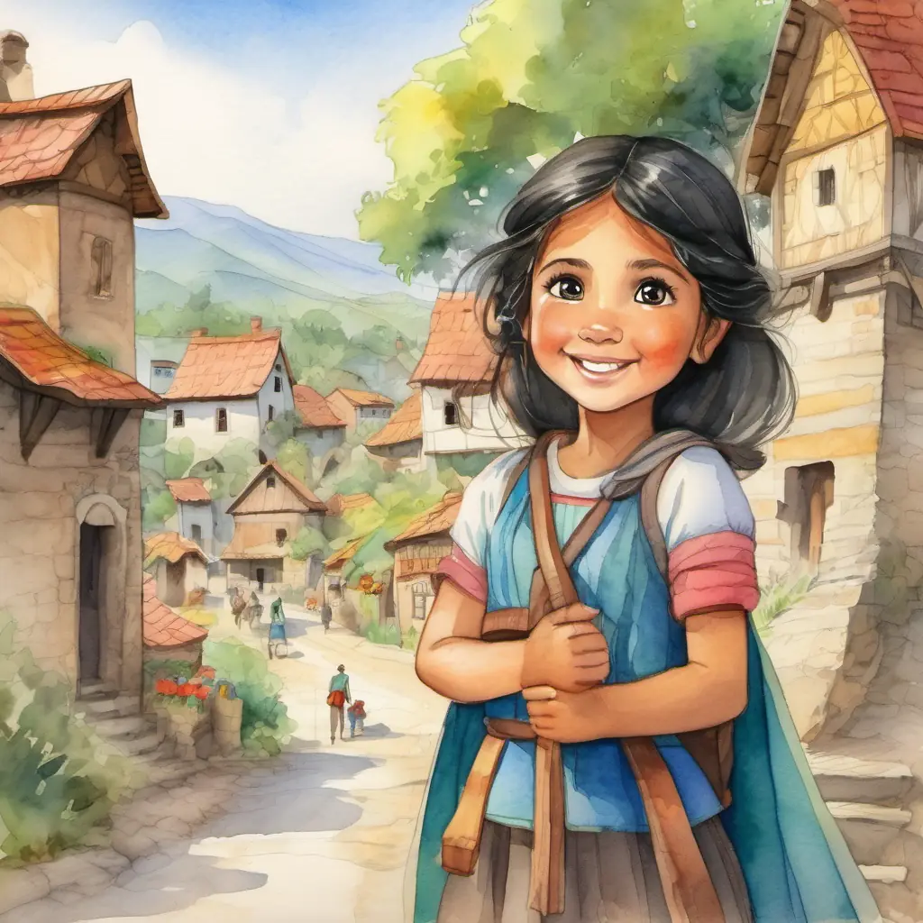 Brave girl with dark hair, bright eyes, and a contagious smile's wish comes true, and her village prospers