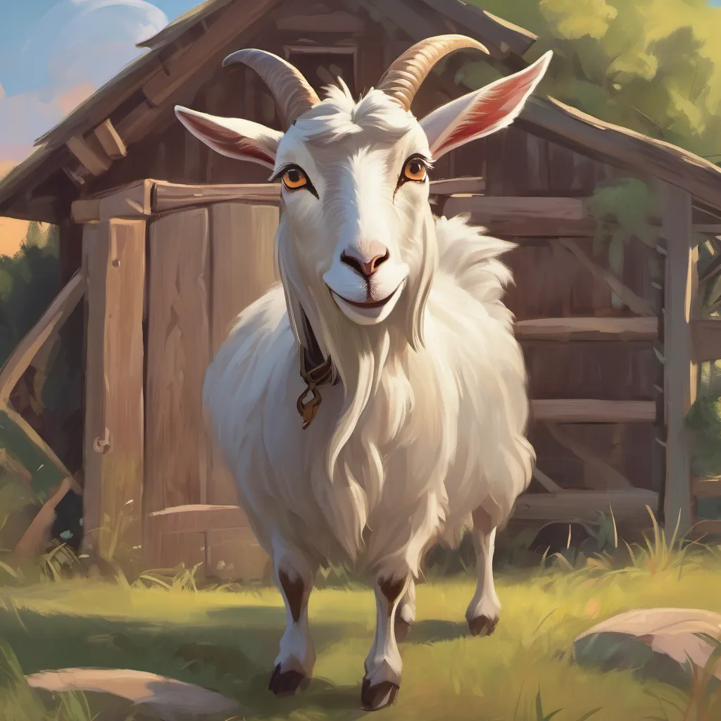 Jealous A grumpy goat with mischievous eyes and a devious grin the goat, with a sly grin and devious eyes, sneaking toward the barn.