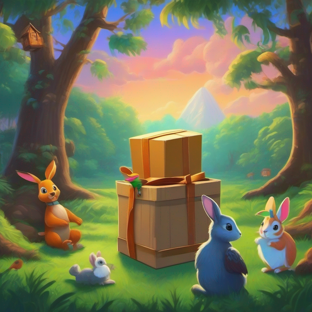 The Benny the Benny the Bear, Ricky the Rabbit, Danny the Deer, and Polly the Parrot. .  looking curiously at the mysterious box under the tree.