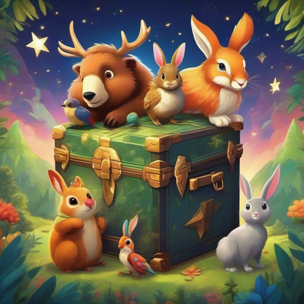 The animals andBenny the Bear, Ricky the Rabbit, Danny the Deer, and Polly the Parrot.  looking at the magical map with stars and a treasure chest.