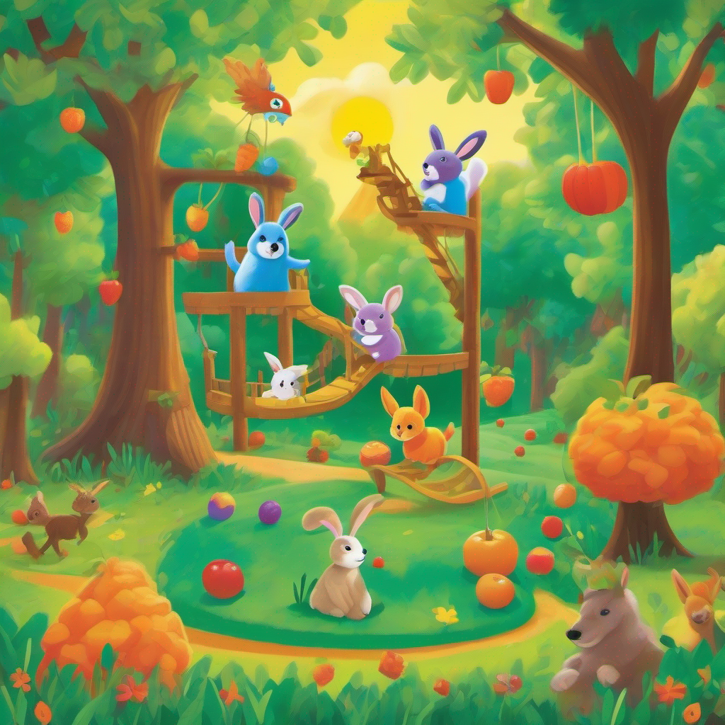 The Benny the Bear, Ricky the Rabbit, Danny the Deer,wishes came true! They had a bountiful carrot patch, a fun playground with swings and slides, a lush fruit garden, and a cozy treehouse high up in the oak tree. and Polly the Parrot.  playing and having fun together, spreading joy in the forest.