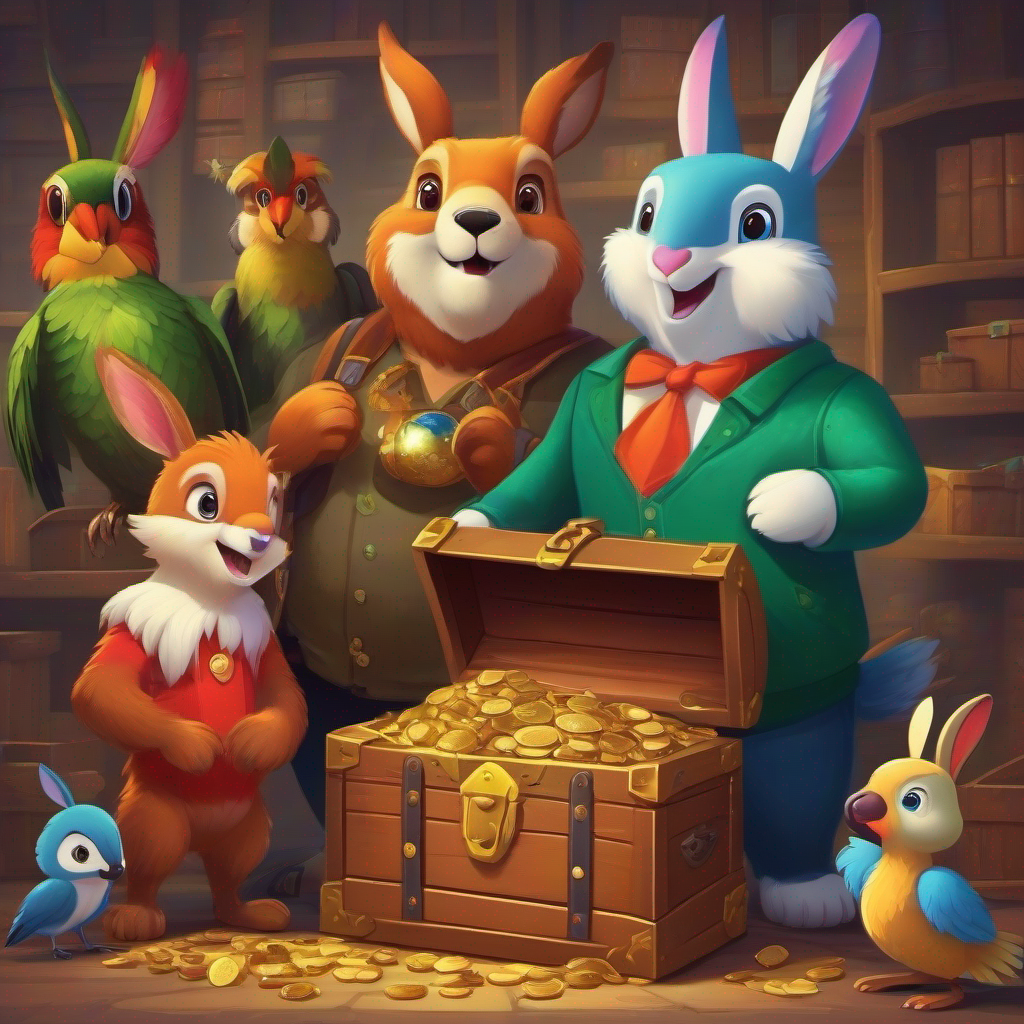 The Benny the Bear, Ricky the Rabbit, Danny the Deer, and Polly the Parrot.  standing around the treasure chest, amazed and happy.and agreed to give it a try, but there was a catch - they could only wish for something they could share with others.