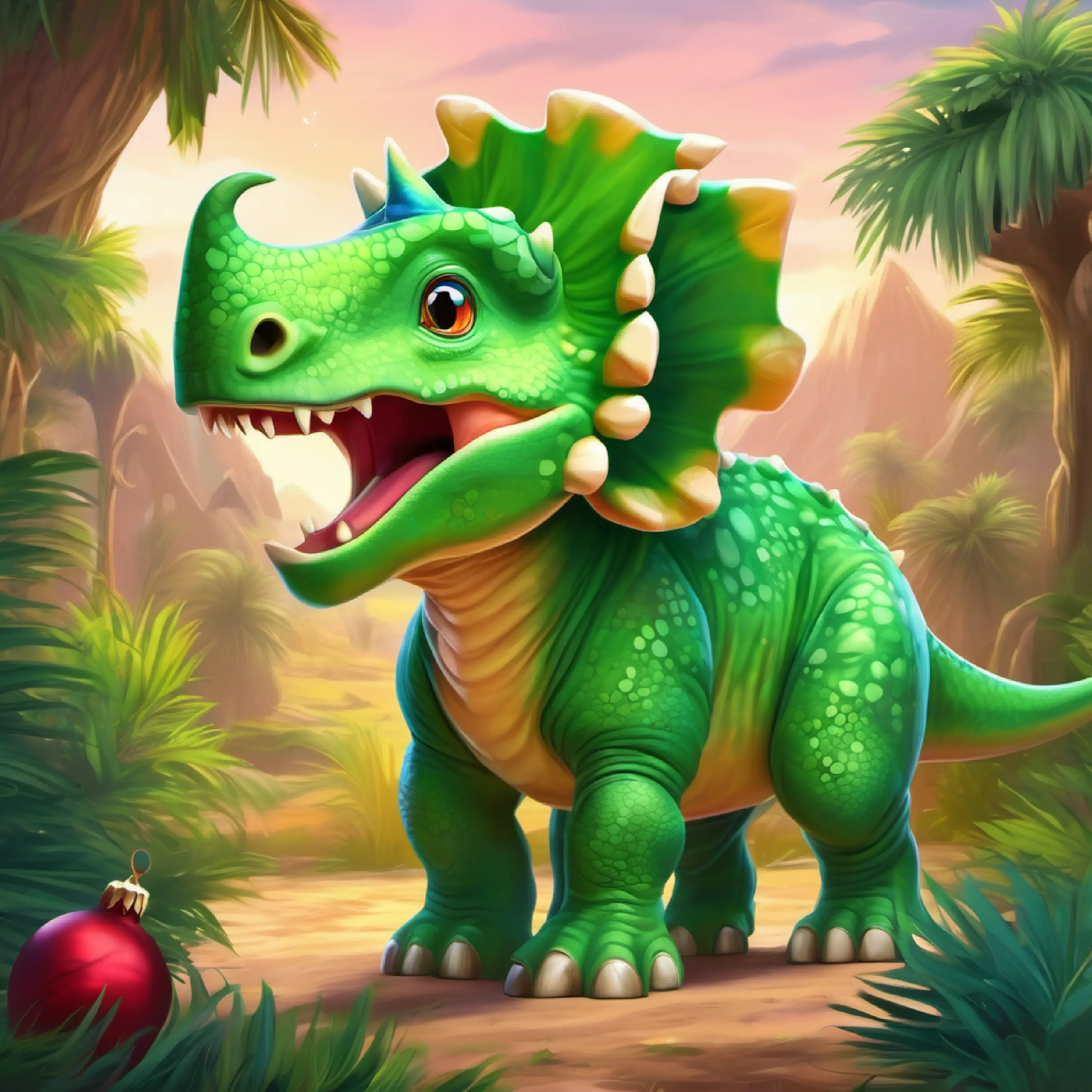 Introducing Young Triceratops, green skin, curious eyes, playful demeanor in a prehistoric setting