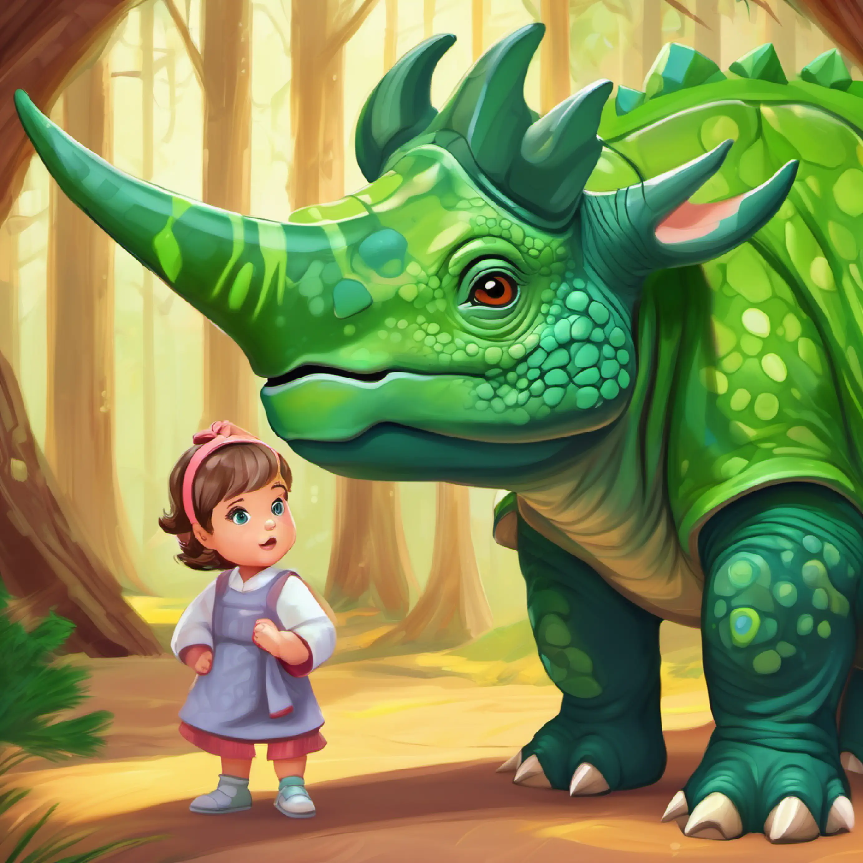 Young Triceratops, green skin, curious eyes, playful demeanor ignoring her mother's advice