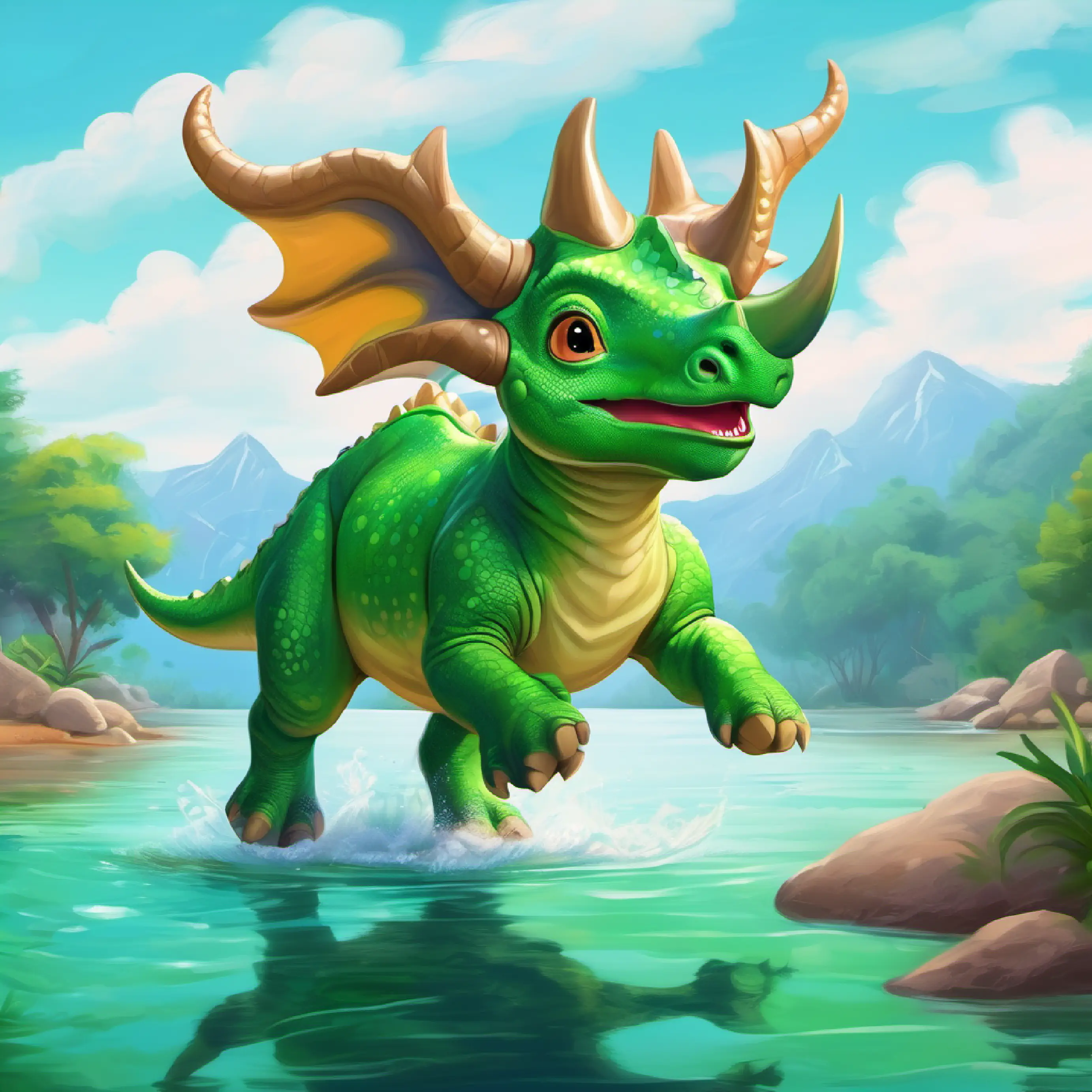 Young Triceratops, green skin, curious eyes, playful demeanor making it safely across the river