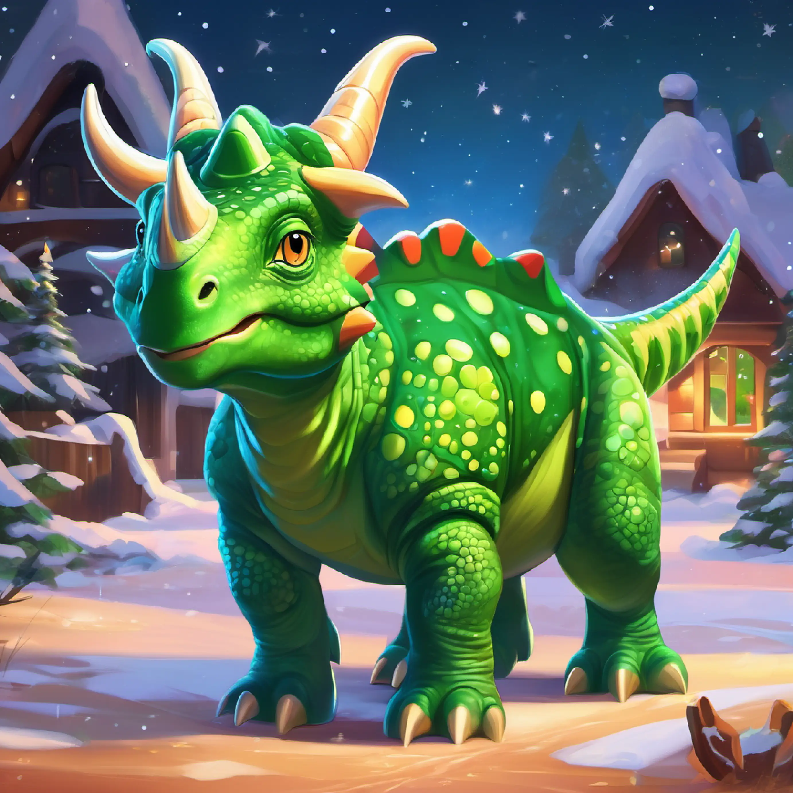 Young Triceratops, green skin, curious eyes, playful demeanor reflecting on her lesson learned