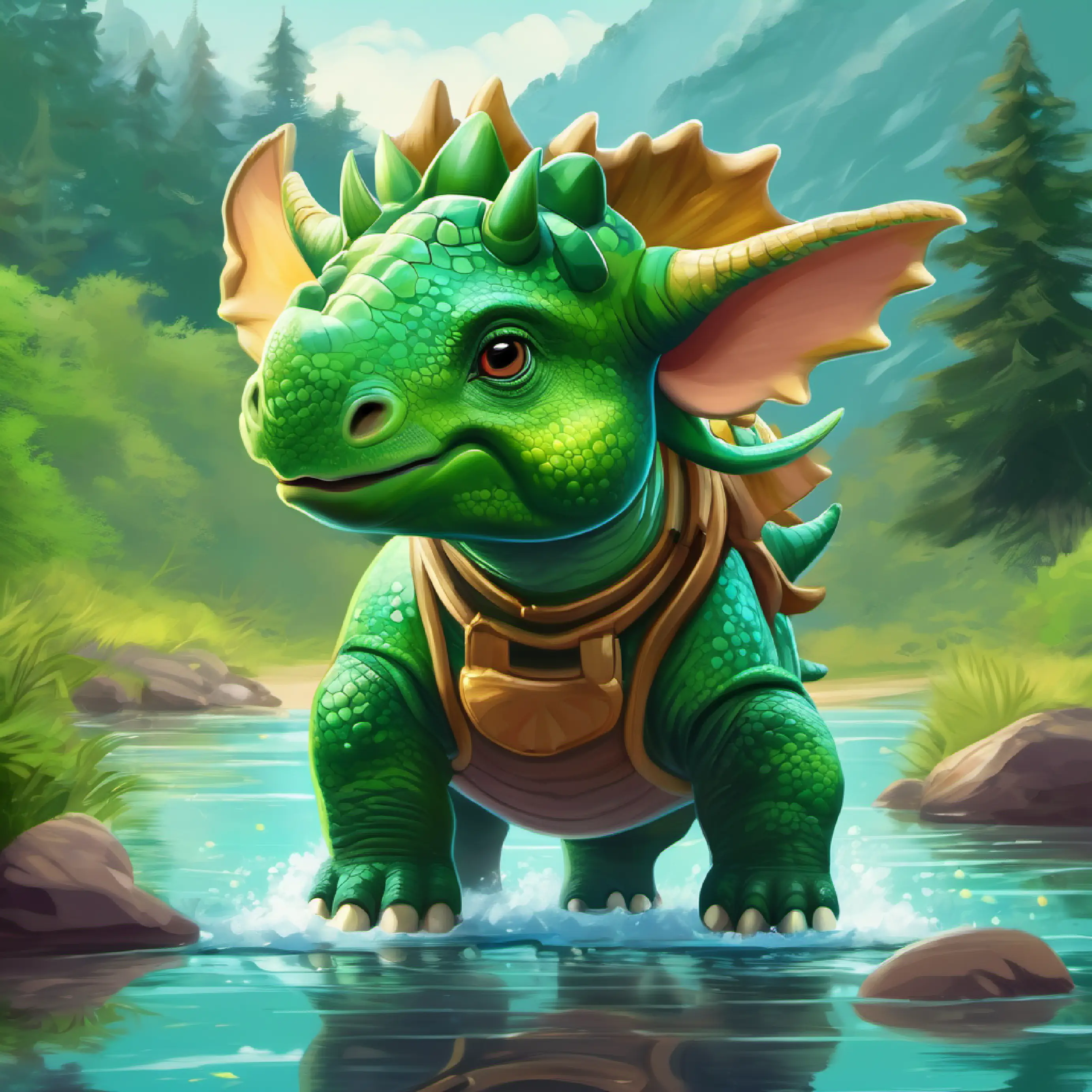 Young Triceratops, green skin, curious eyes, playful demeanor's curiosity leading her to a river