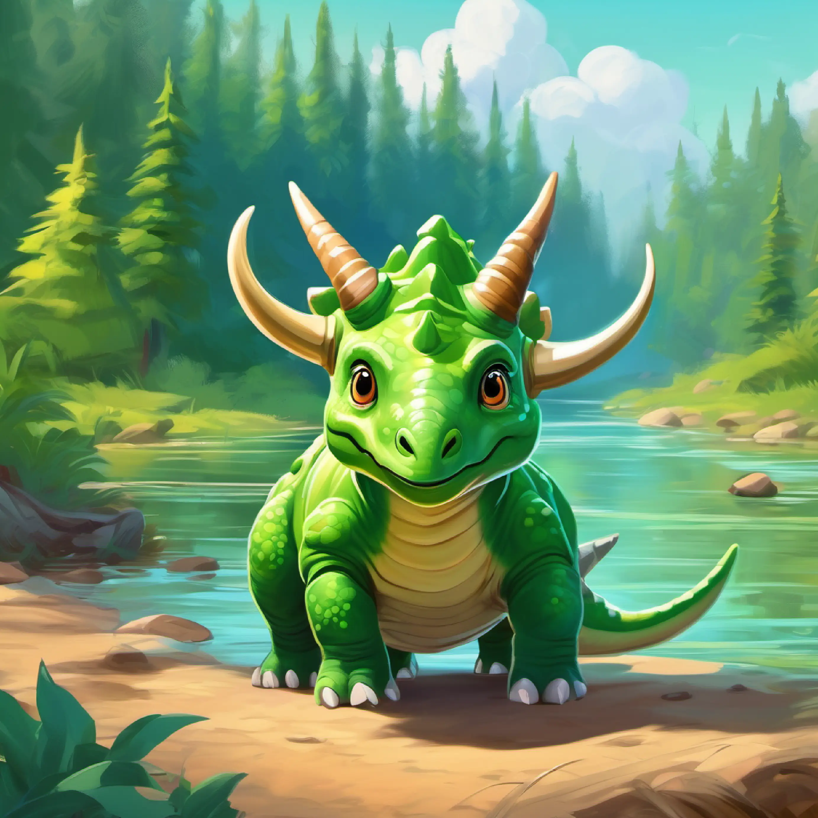 Young Triceratops, green skin, curious eyes, playful demeanor spotting what seems to be logs in the river