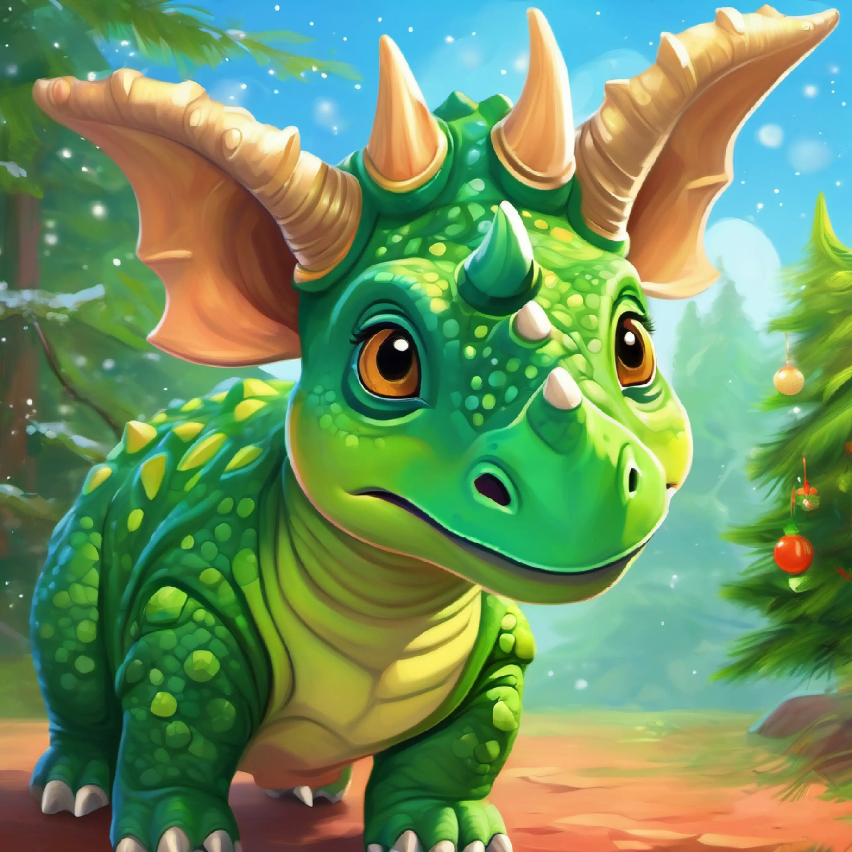 Young Triceratops, green skin, curious eyes, playful demeanor remembering her mother's warning