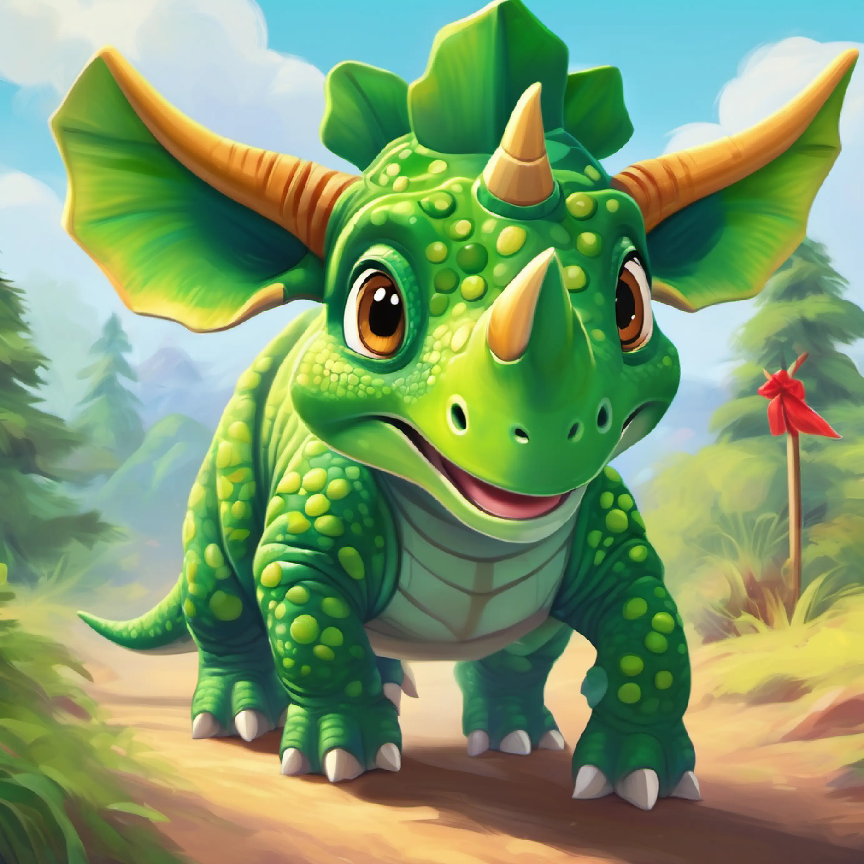 Young Triceratops, green skin, curious eyes, playful demeanor spots a safe crossing point