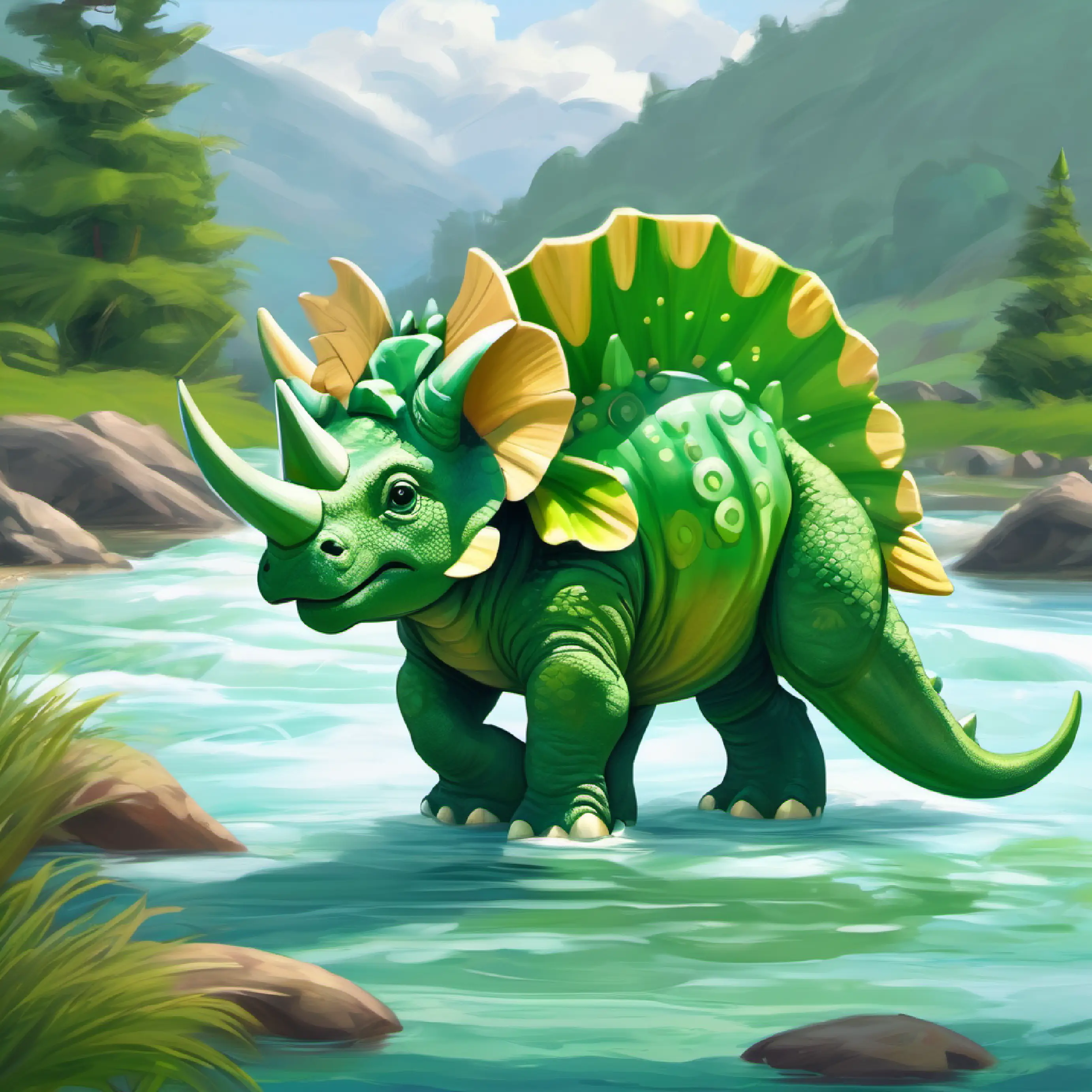 Young Triceratops, green skin, curious eyes, playful demeanor starting to cross the river