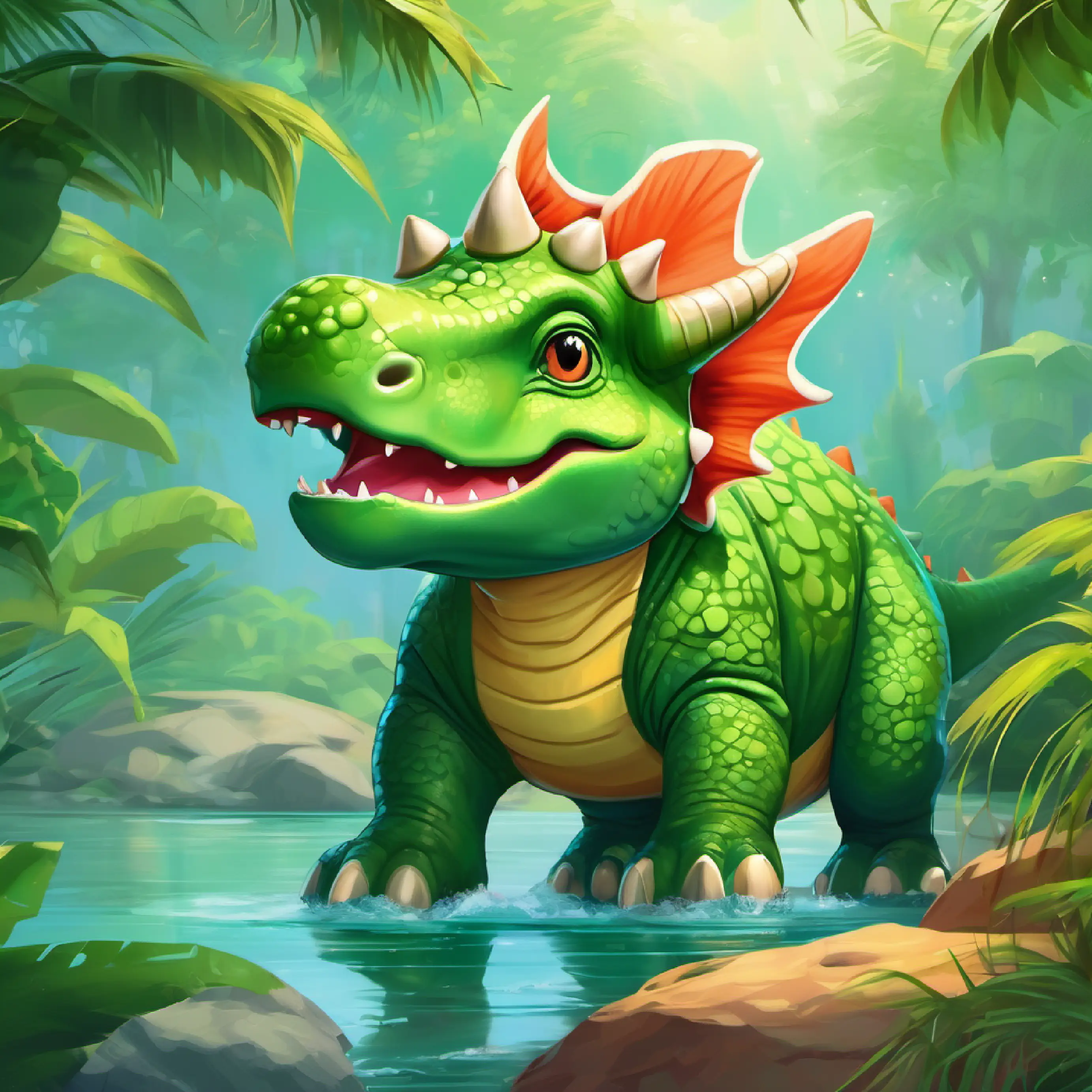 Young Triceratops, green skin, curious eyes, playful demeanor encountering a crocodile mid-crossing