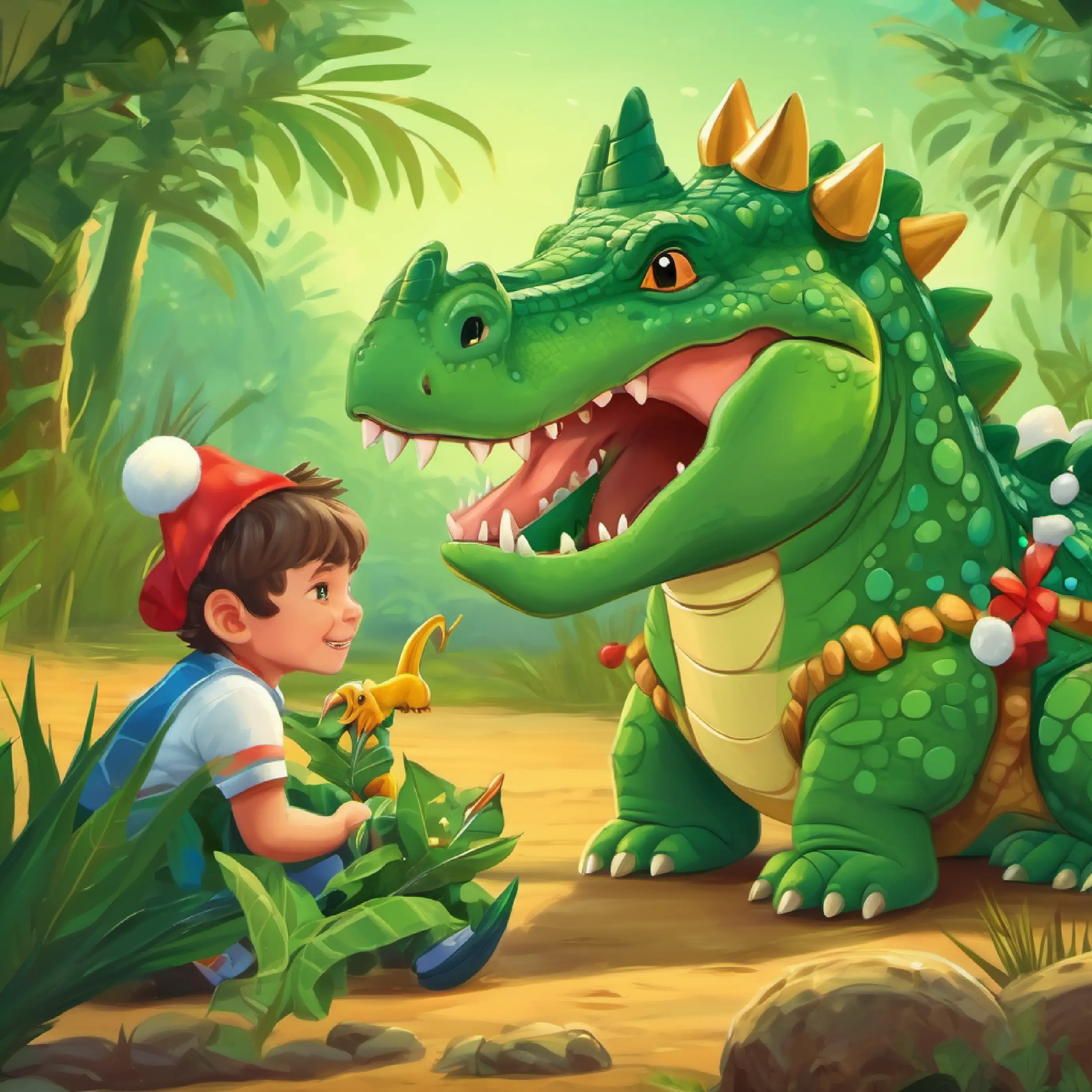 The crocodile losing interest in Young Triceratops, green skin, curious eyes, playful demeanor