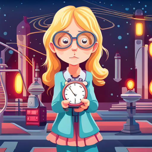 A little girl with curly blonde hair and colorful glasses. discovers a hidden laboratory and a time machine