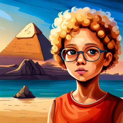 A little girl with curly blonde hair and colorful glasses. travels back in time to ancient Egypt