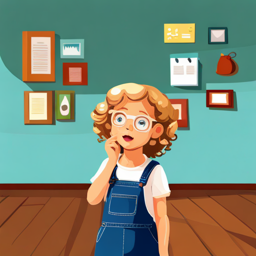 A little girl with curly blonde hair and colorful glasses. organizes an exhibition of amazing inventions